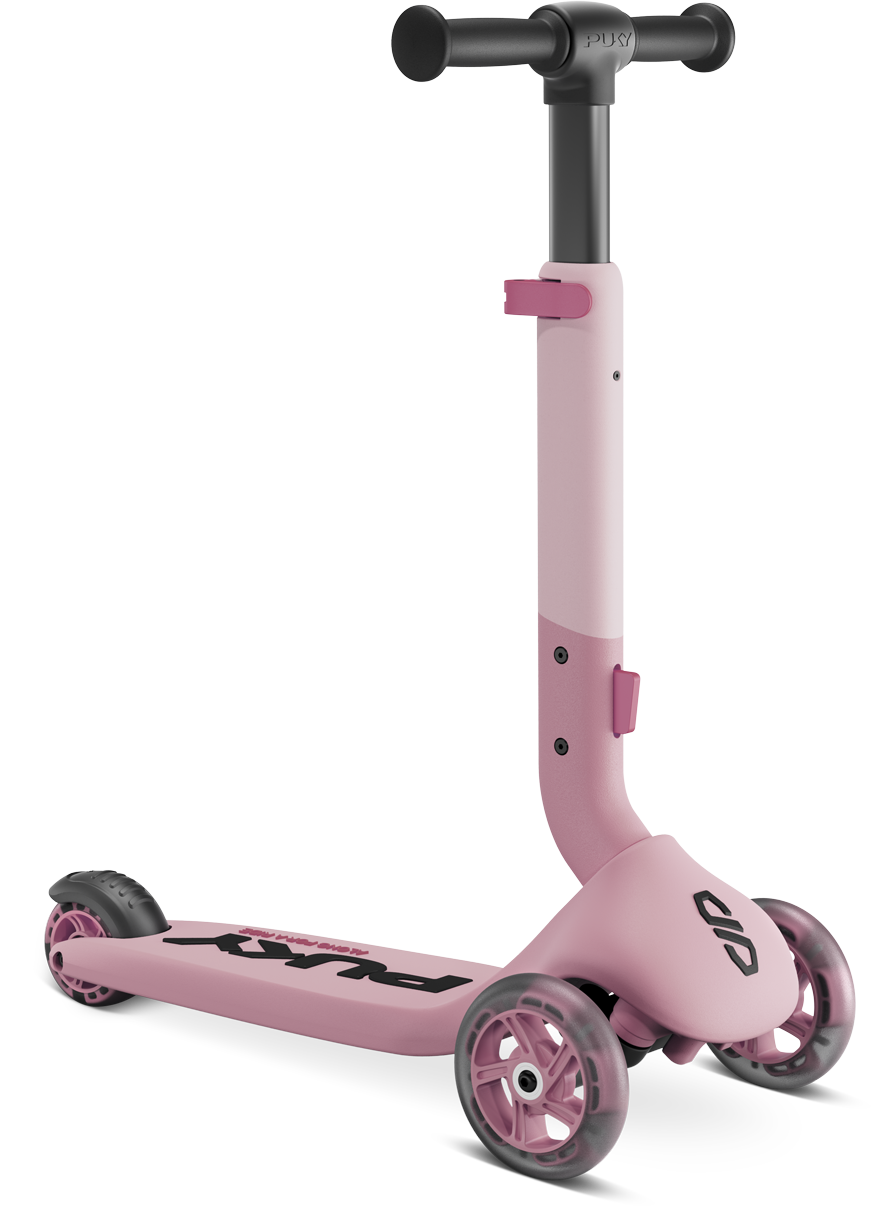 En rosa PUKY PUSH sparkcykel för barn med två framhjul, ett bakhjul, ett justerbart styre med svarta grepp och ett däck med PUKY-märket.