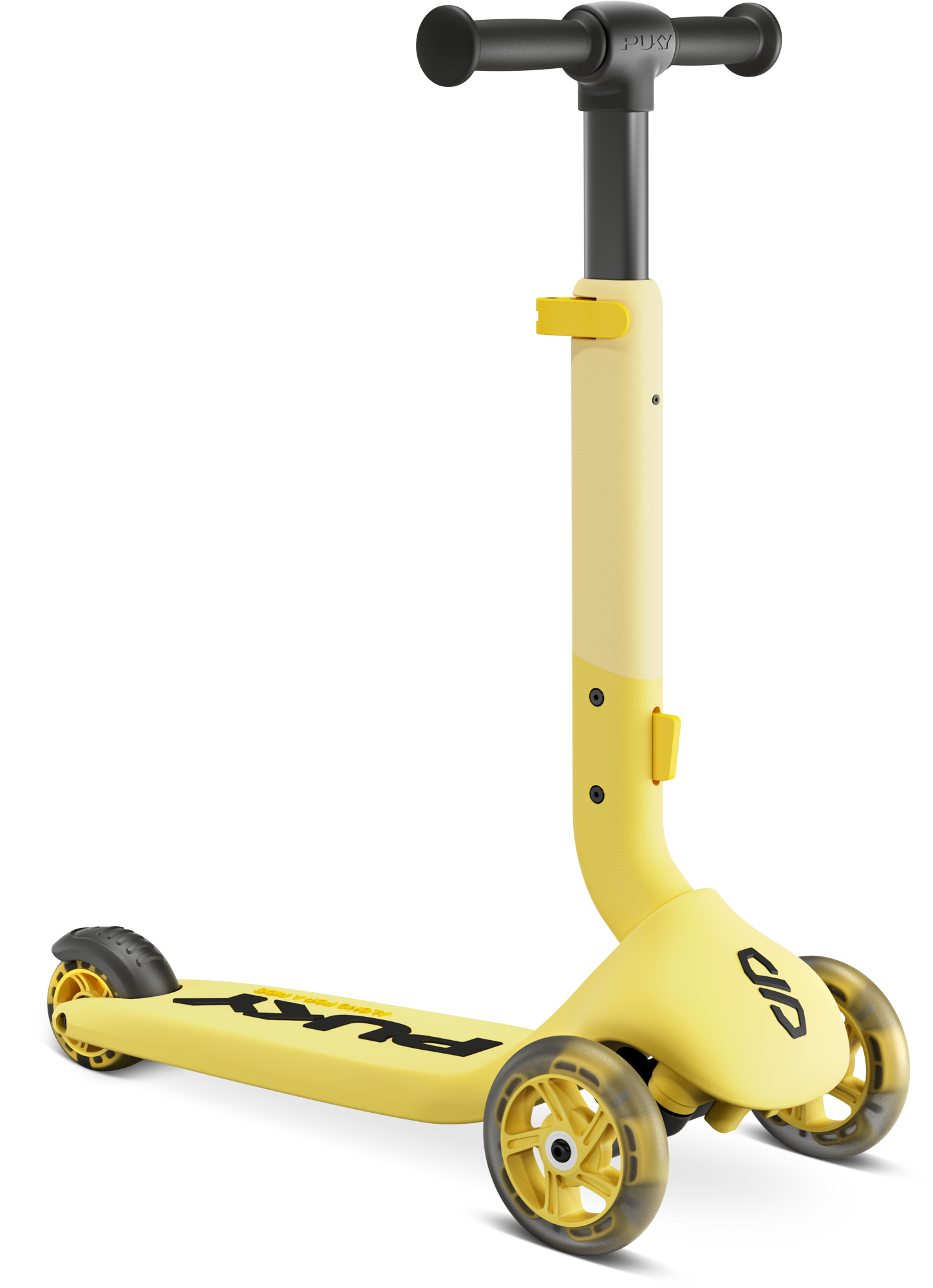 PUKY PUSH by PUKY är en gul, trehjulig sparkcykel med svart styre, två gula framhjul, ett svart bakhjul och "PLAY" tryckt i svart på däcket. Den moderna designen garanterar stabilitet för unga förare.