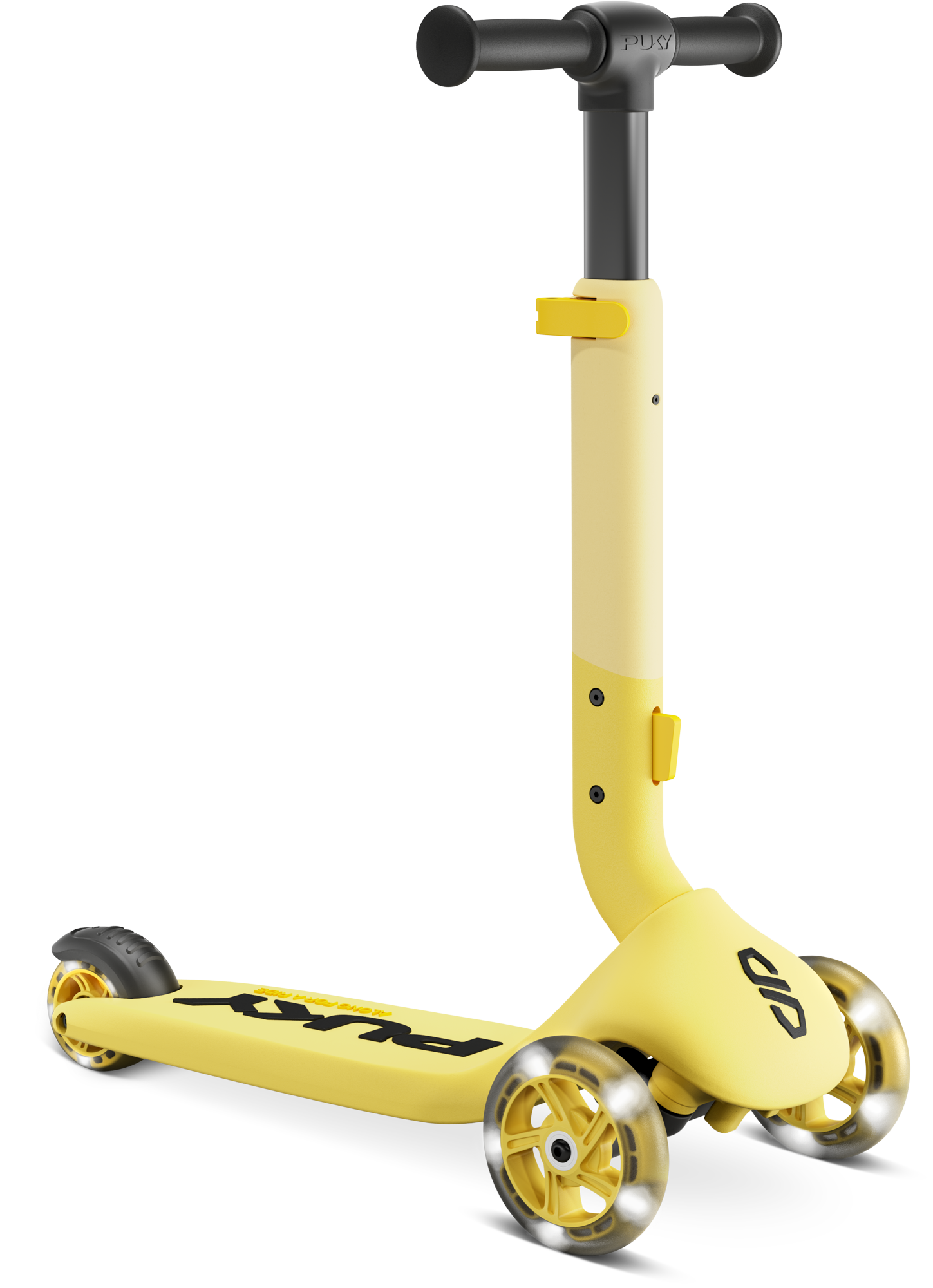 PUKY PUSH är en gul sparkcykel för barn från PUKY med tre hjul (två fram, ett bak), svart styre och PUKY-logotypen på däcket och frontpanelen.