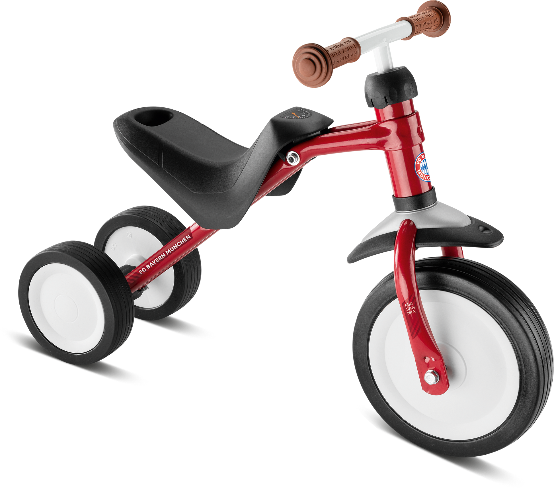 PUKY PUKYMOTO, en röd trehjuling med svart säte, brunt styre och tre svartvita hjul, visas mot en vit bakgrund.