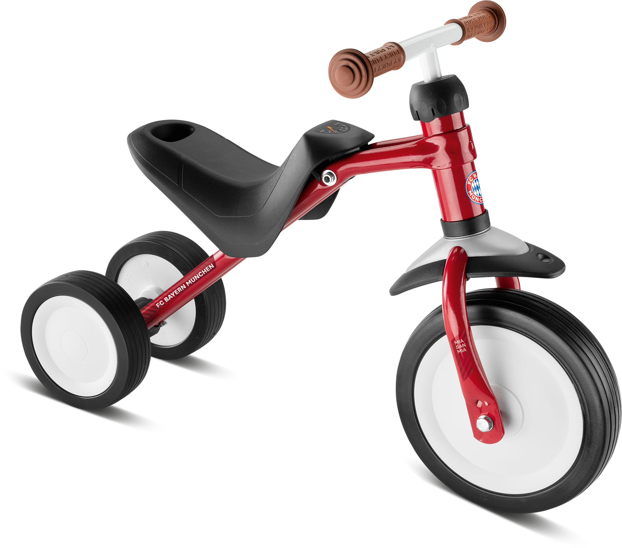 PUKY PUKYMOTO, en röd trehjuling med svart säte, brunt styre och tre svartvita hjul, visas mot en vit bakgrund.