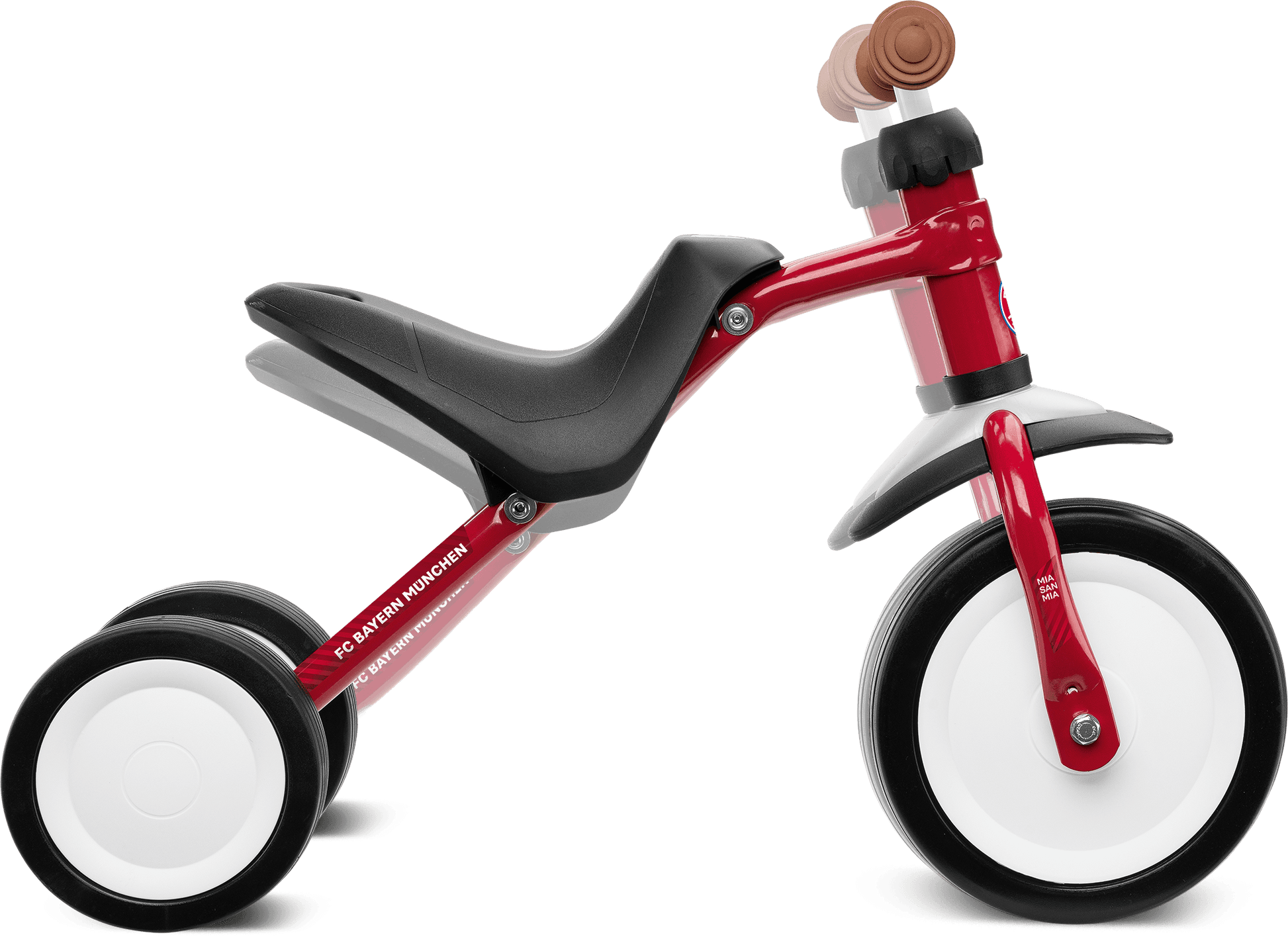 PUKY PUKYMOTO är en röd och svart trehjuling för barn med två stora vita bakhjul, ett stort vitt framhjul, en svart sits, ett brunt styre och en elegant modern ram.