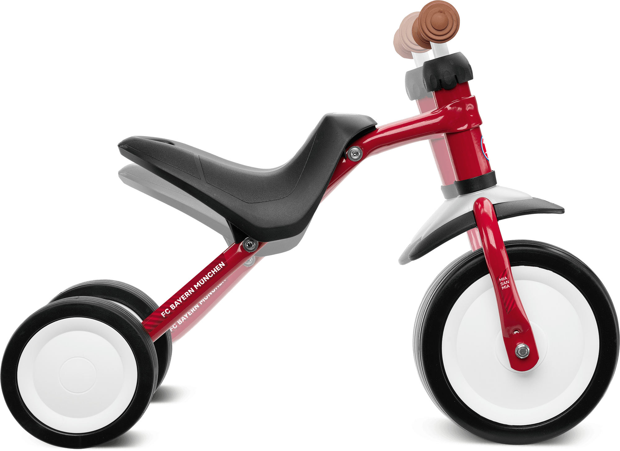PUKY PUKYMOTO är en röd och svart trehjuling för barn med två stora vita bakhjul, ett stort vitt framhjul, en svart sits, ett brunt styre och en elegant modern ram.