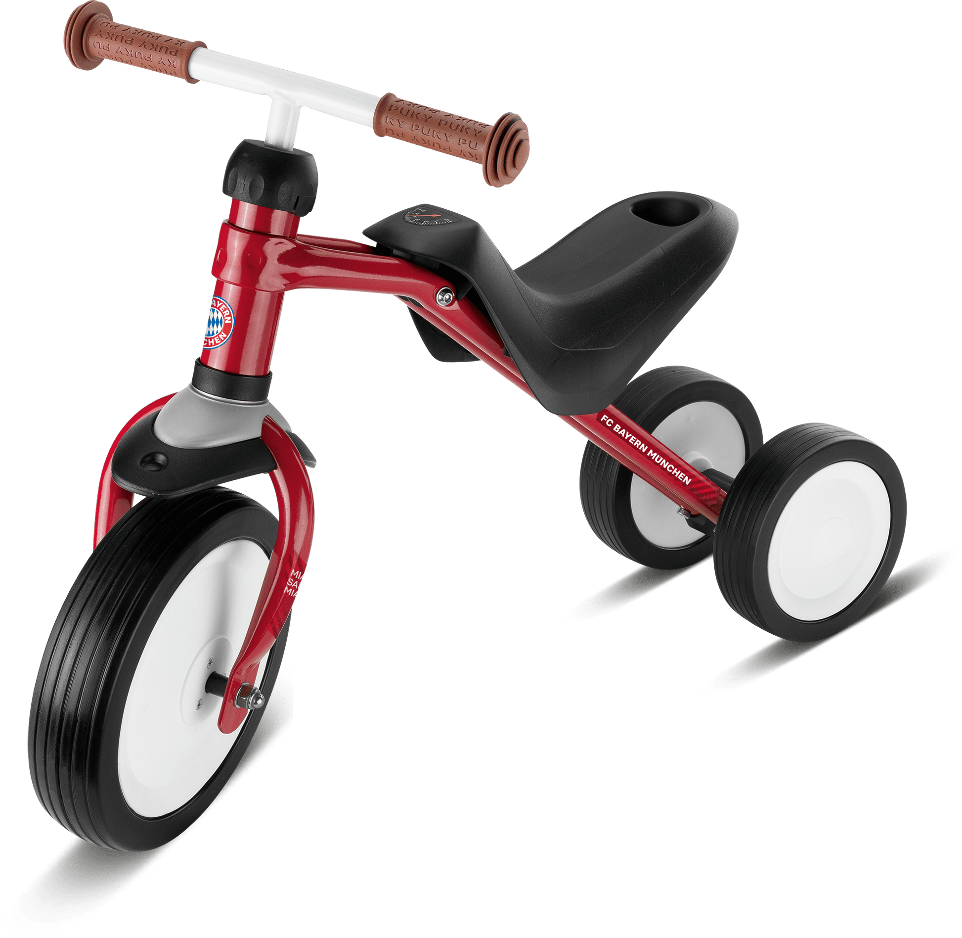 Röd PUKYMOTO trehjulig cykel för barn av märket PUKY, med stora svartvita hjul, bruna handtag på styret, svart sits och ett litet märke på ramen, mot vit bakgrund.