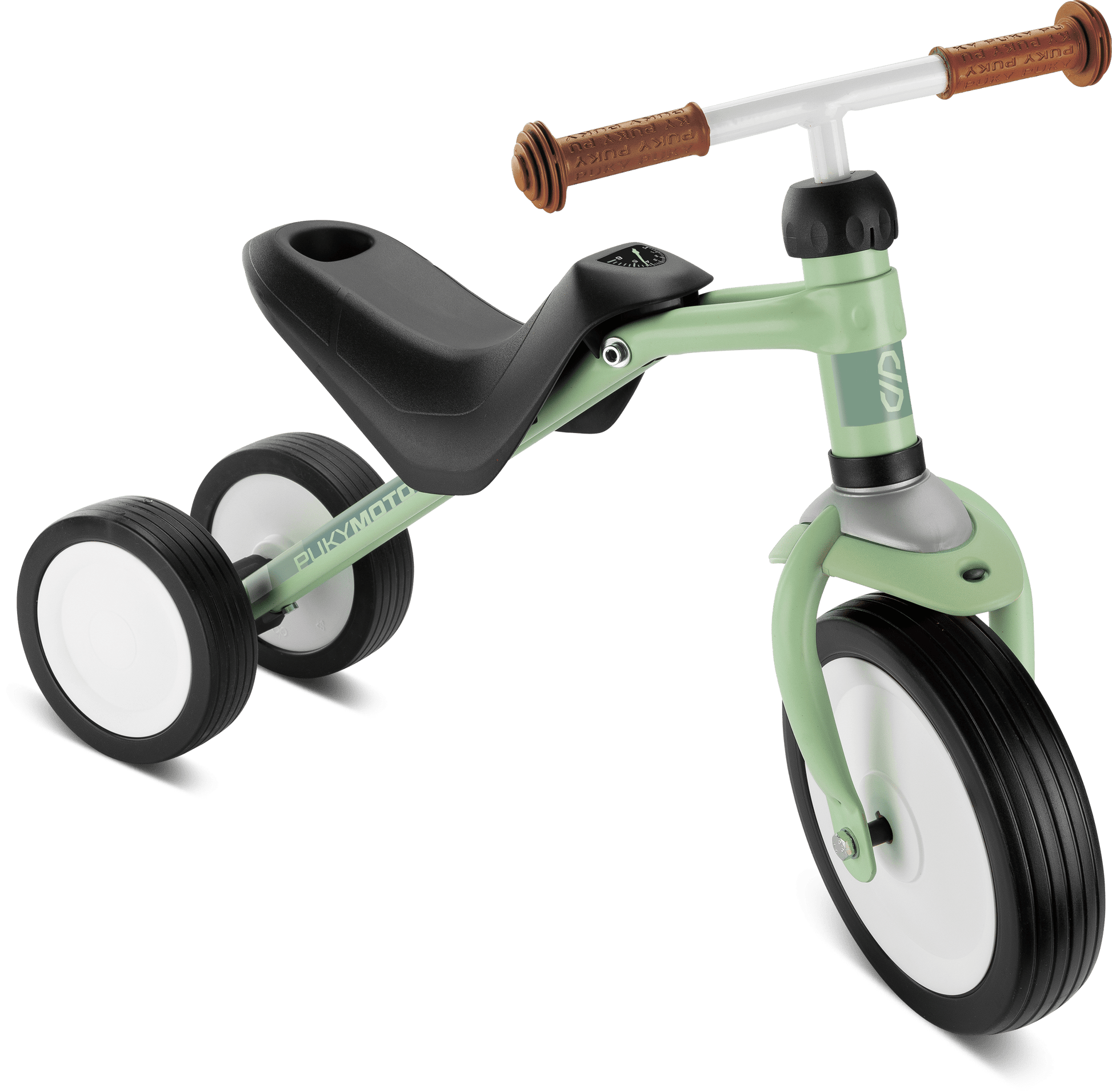 PUKY PUKYMOTO är en grön och svart trehjuling för barn, med vita hjul och bruna handtag på styret, perfekt för små barn att cykla på.