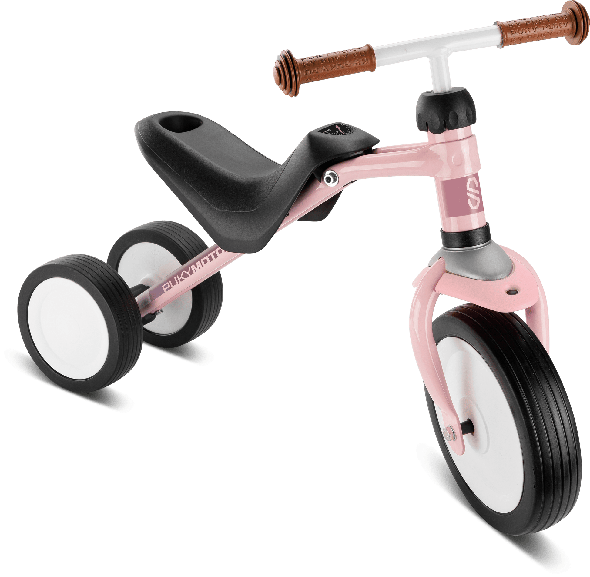 PUKYMOTO by PUKY är en rosa och svart trehjuling för små barn med ett stort framhjul, två mindre bakhjul, bruna handtag på styret och en barnstol.