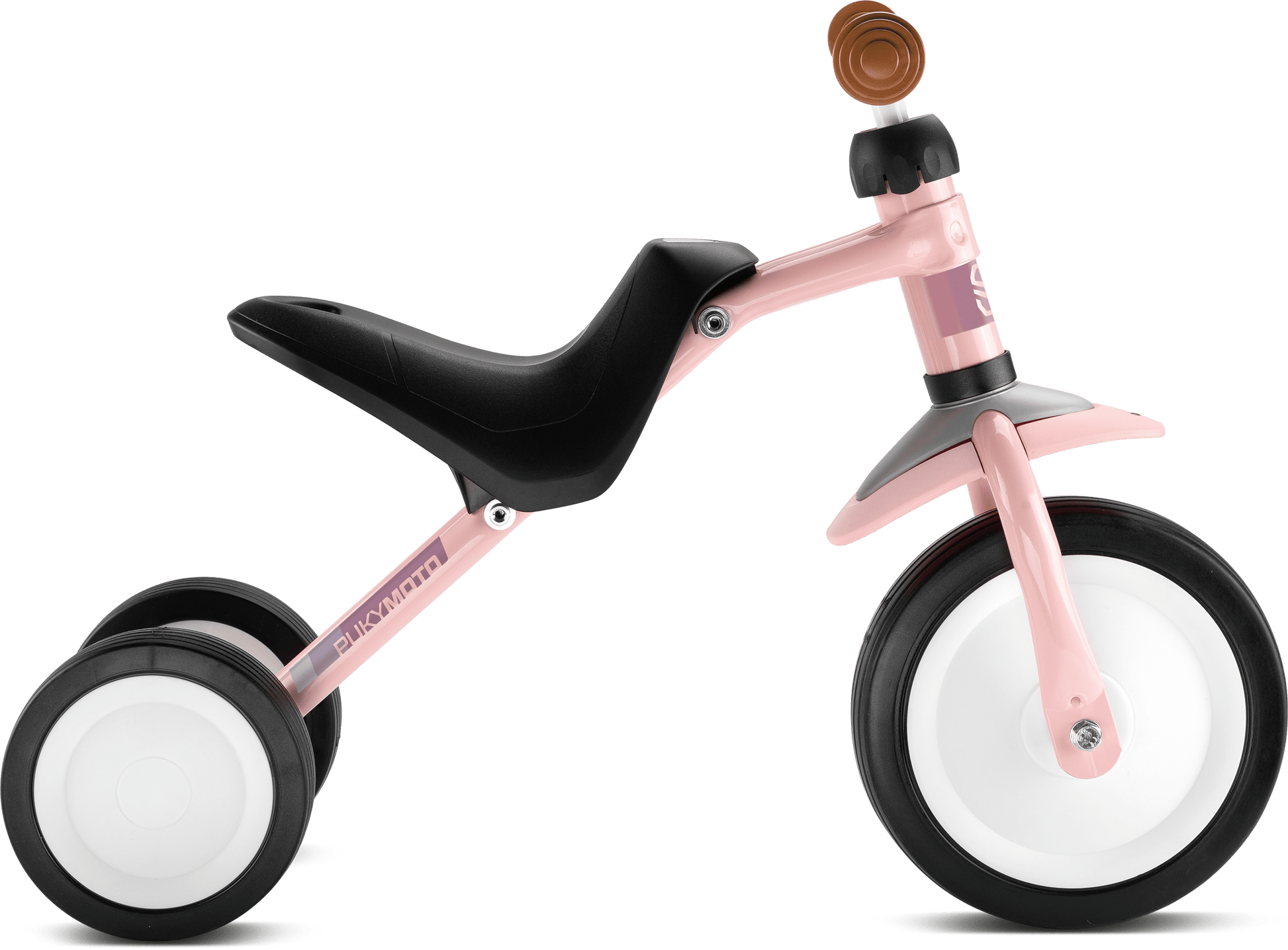 PUKY PUKYMOTO är en rosa och svart trehjuling för barn med modern design, två bakhjul, ett större framhjul och bruna handtag på styret.