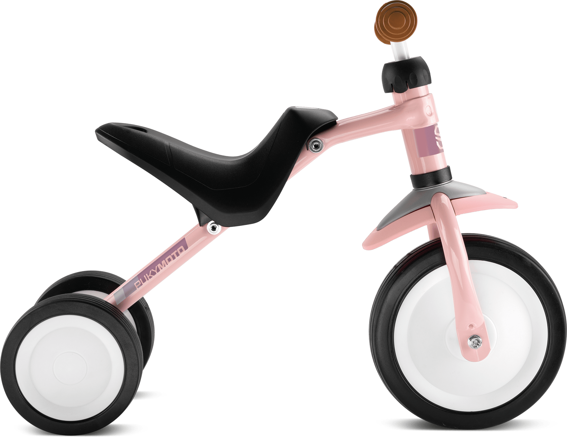 PUKY PUKYMOTO är en rosa och svart balanscykel för småbarn med tre hjul, svart sits och däck med vita kanter, utformad för små barn som lär sig cykla.