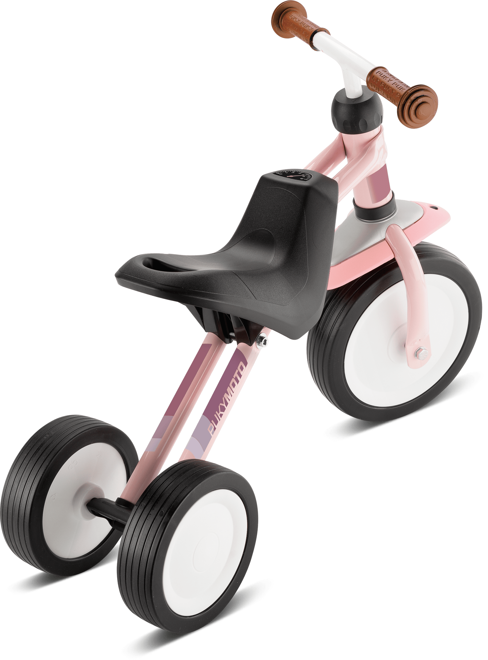 PUKY PUKYMOTO är en rosa och vit trehjulig barncykel med svarta hjul, brunt styre och svart sits, mot en vit bakgrund.
