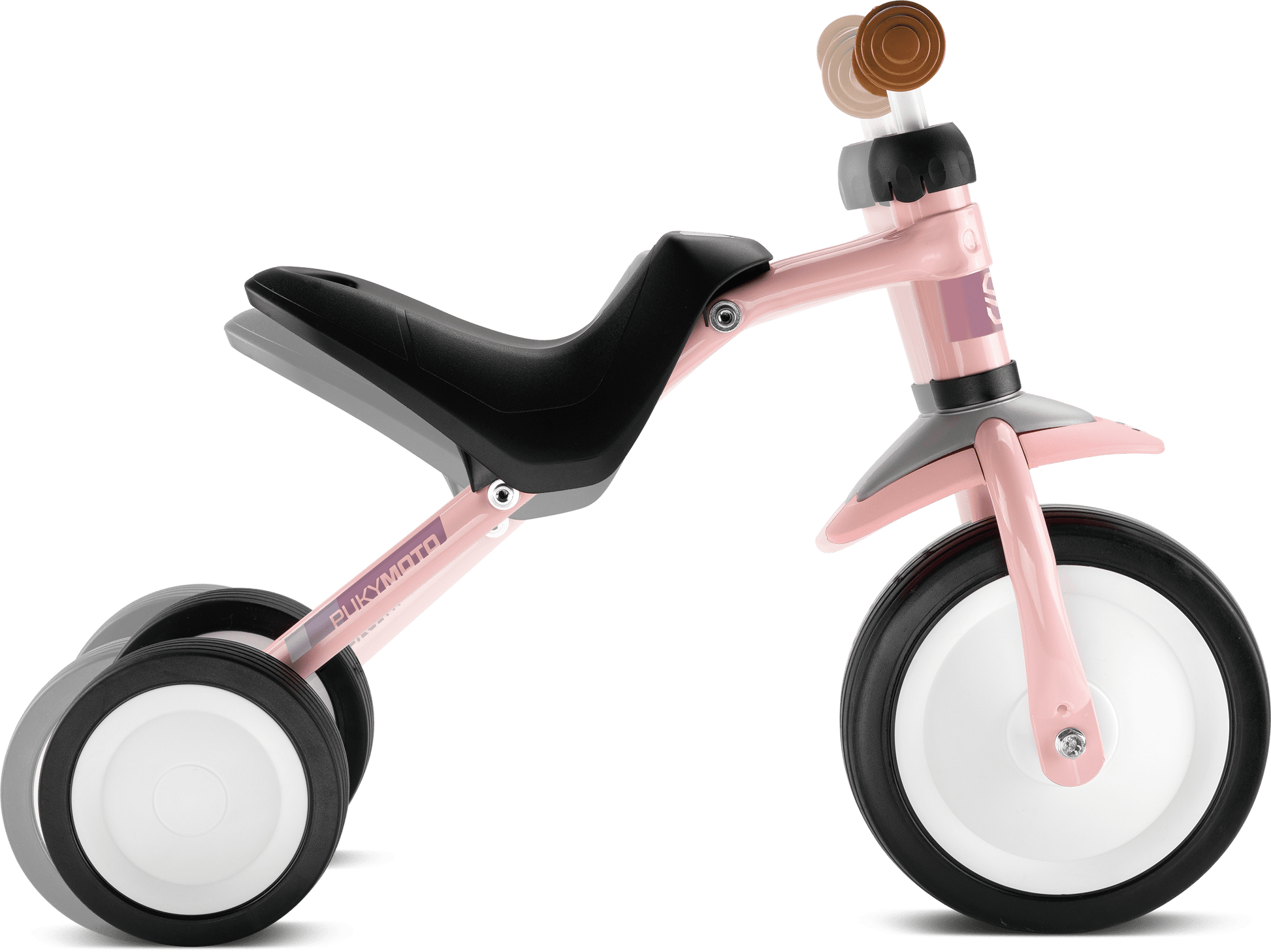 PUKYMOTO från PUKY är en rosa och svart trehjuling för barn med ett stort framhjul, två små bakhjul, en bekväm sits och ett enkelt styre i en modern och robust design.