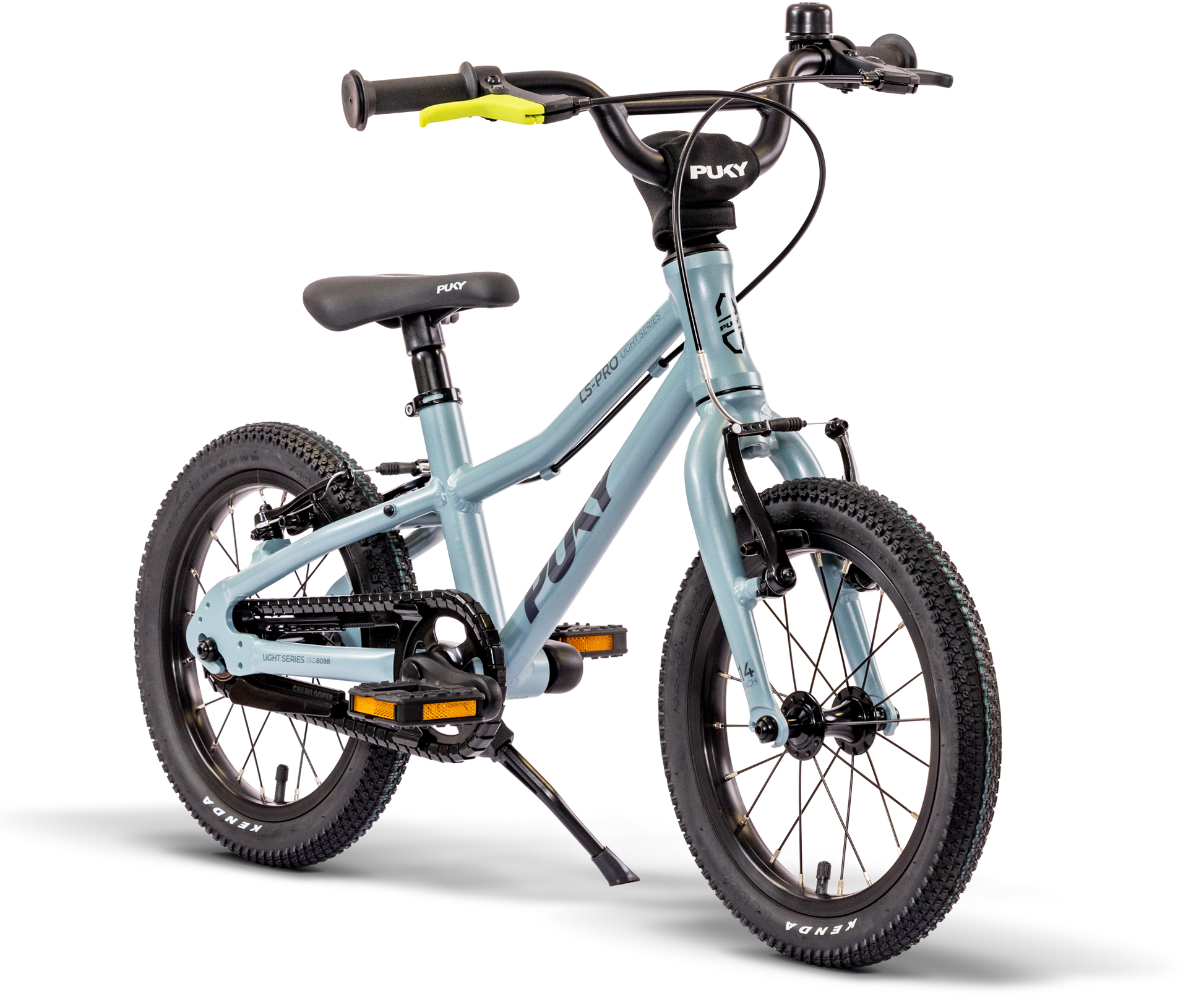 PUKY LS-PRO 14 är en barncykel med en ljusblå, lätt aluminiumram, svarta däck och styre, gula detaljer, stödhjul, sparkstöd och "PUKY"-logotypen på ramen.