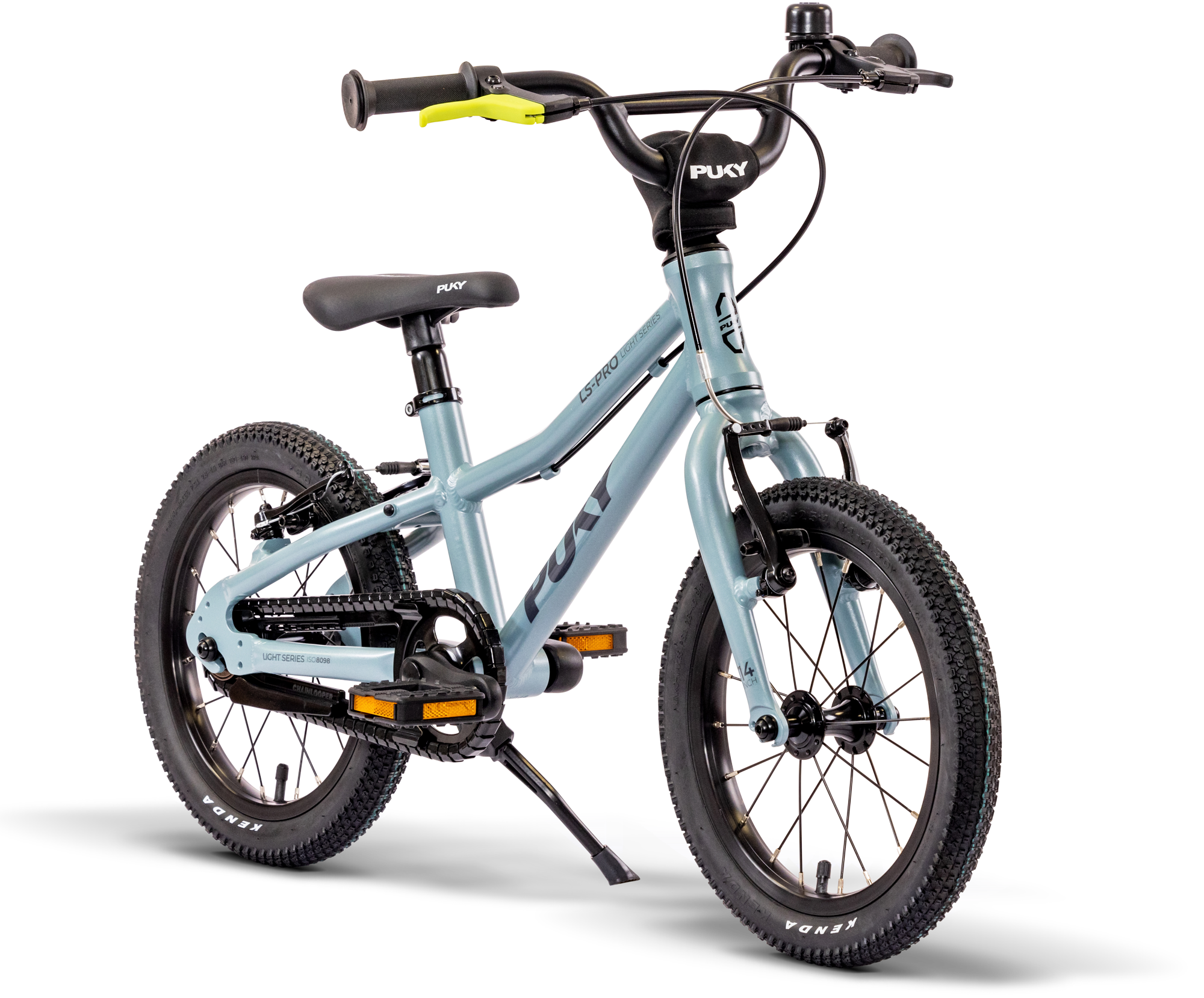 PUKY LS-PRO 14 är en barncykel med en ljusblå, lätt aluminiumram, svarta däck och styre, gula detaljer, stödhjul, sparkstöd och "PUKY"-logotypen på ramen.