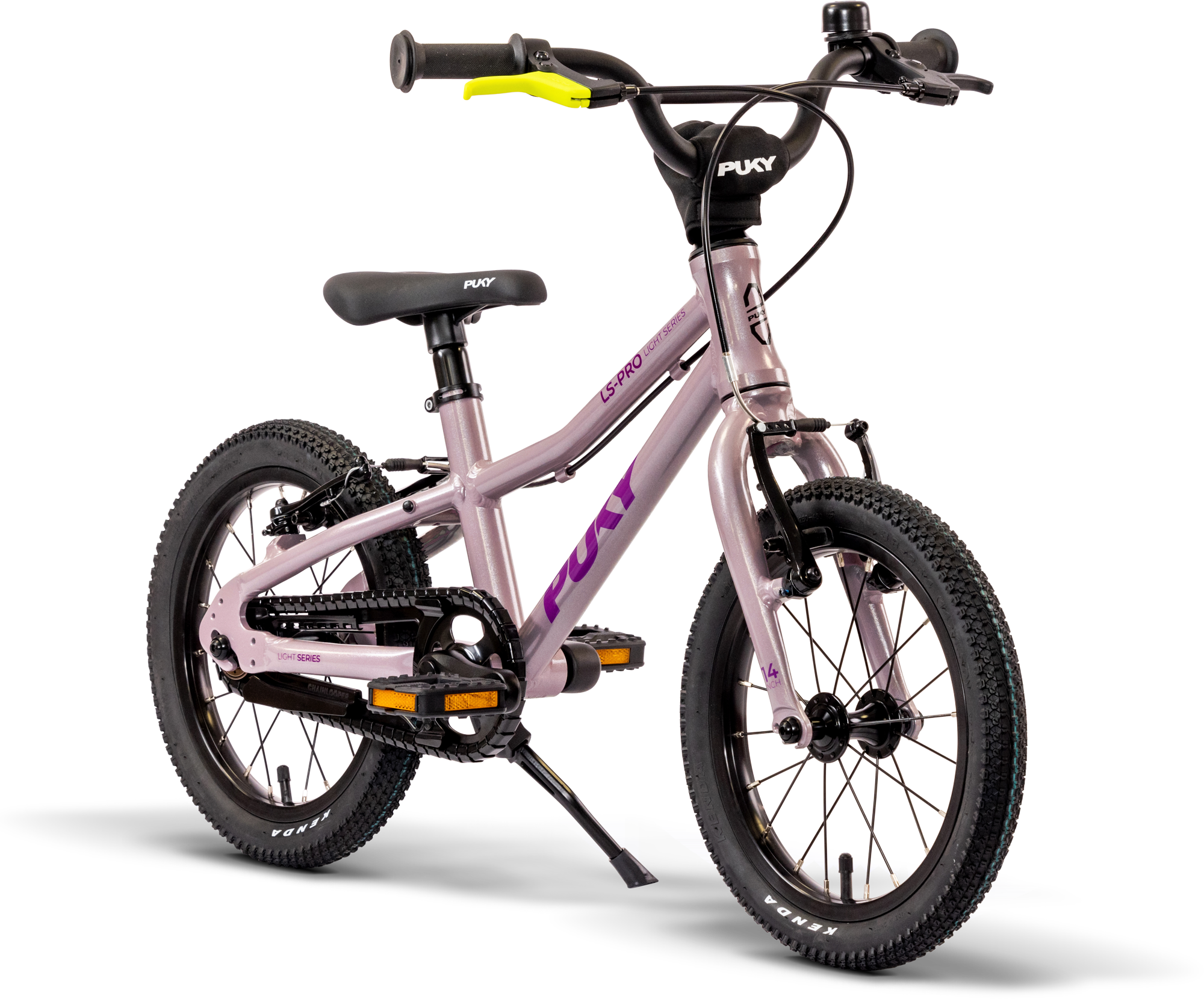 En lätt, liten PUKY LS-PRO 14 barncykel i rosa med svarta däck, sparkstötting och gul vänster bromshandtag. Aluminiumramen har lila "PUKY"-märke och är utformad för unga cyklister.