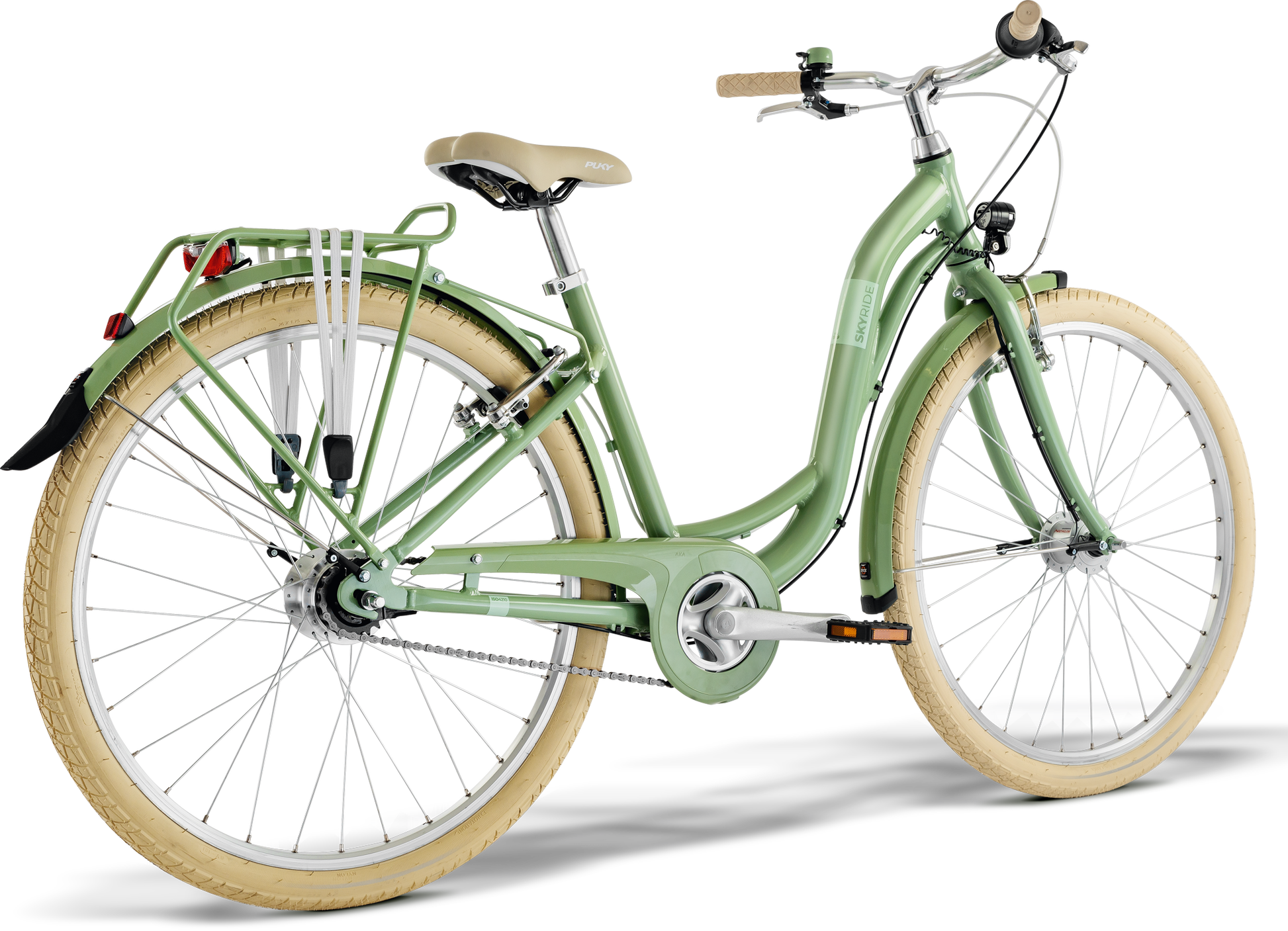 PUKY SKYRIDE 26-7 CLASSIC, som visas bakifrån vänster, är en ljusgrön stadscykel med beige däck, en genomgående ram, bakre lasthållare, främre och bakre skärmar och en bekväm sadel.