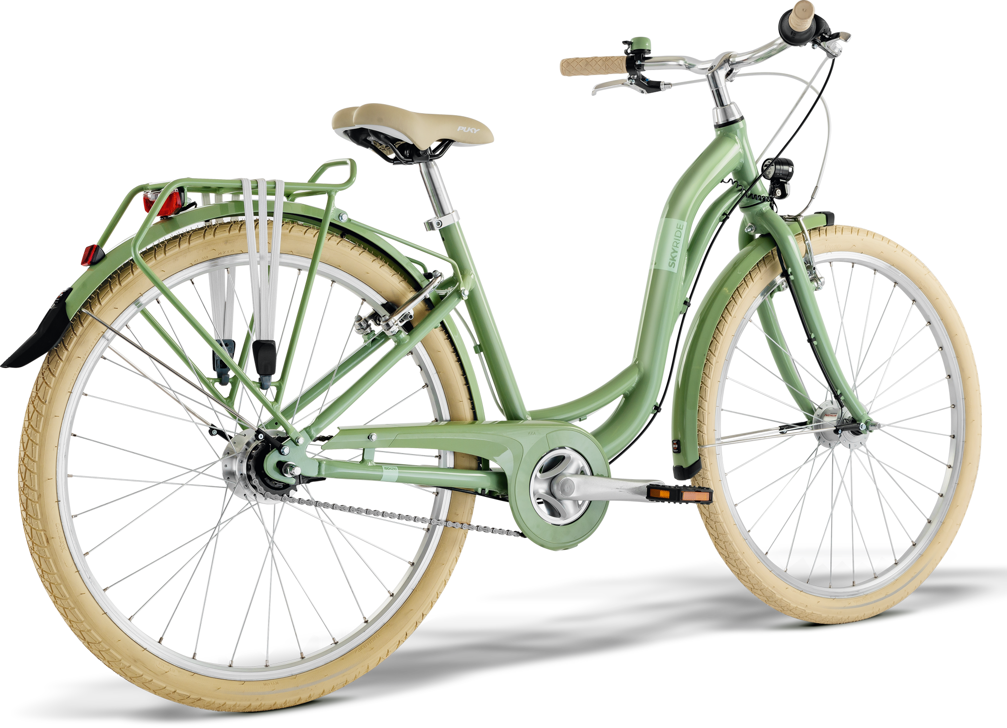 PUKY SKYRIDE 26-7 CLASSIC, som visas bakifrån vänster, är en ljusgrön stadscykel med beige däck, en genomgående ram, bakre lasthållare, främre och bakre skärmar och en bekväm sadel.