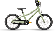 PUKY LS-PRO 16 är en ljusgrön barncykel med svarta däck, pedaler, styre och sadel. Den visas i profil mot en vit bakgrund och har en enkel ram med "PUKY"-märket på ramen och sätet.