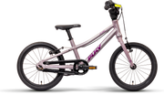 En ljuslila PUKY LS-PRO 16 barncykel med svarta däck, svart sadel och gula styrdetaljer visas från sidan mot en vit bakgrund. "PUKY" är tryckt med fetstil på ramen.
