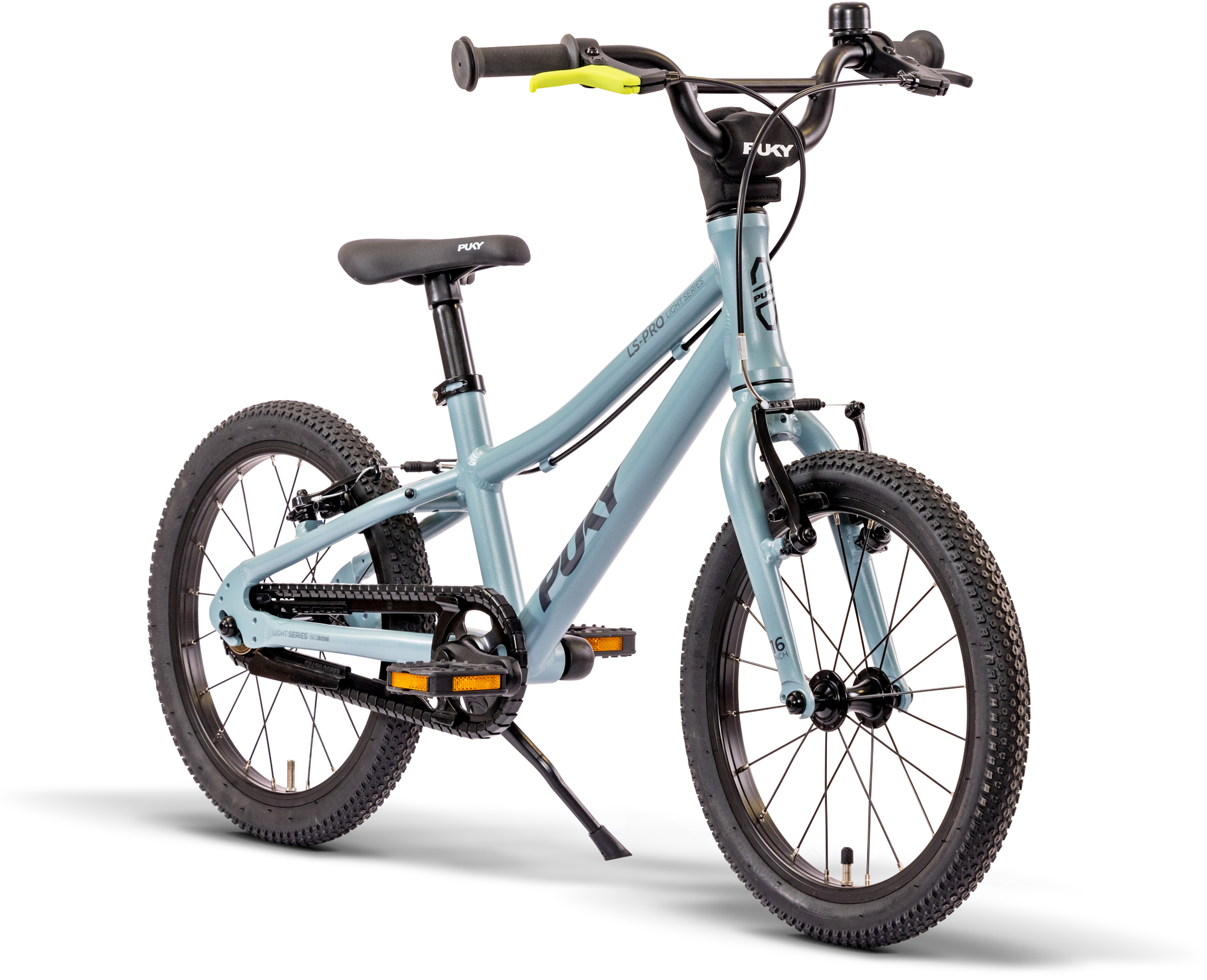 PUKY LS-PRO 16 är en ljusblå barncykel med svart styre, sadel och däck, sparkstöd, inga stödhjul, gula detaljer på handtagen, mot en vit bakgrund.