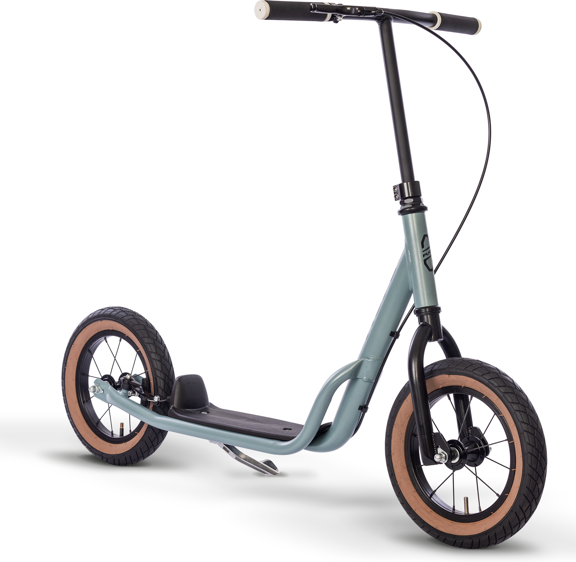 PUKY R 07 L är en modern sparkcykel med stora däck, en tealfärgad ram, svart styre och hjul med tan-kant, mot en vit bakgrund.