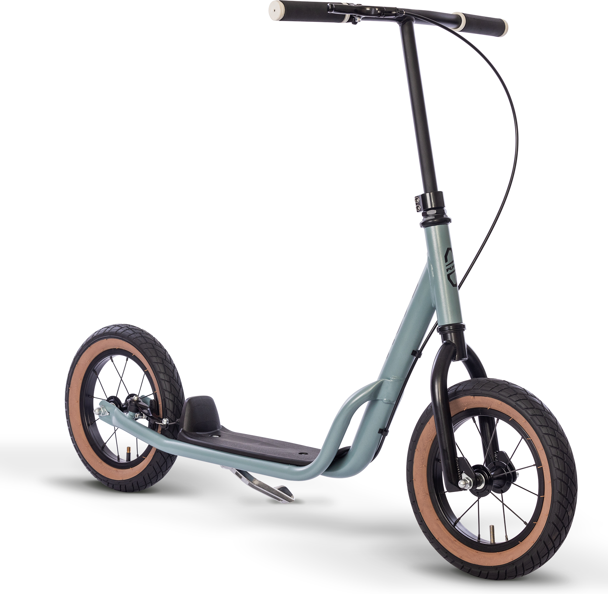 PUKY R 07 L är en modern sparkcykel med stora däck, en tealfärgad ram, svart styre och hjul med tan-kant, mot en vit bakgrund.