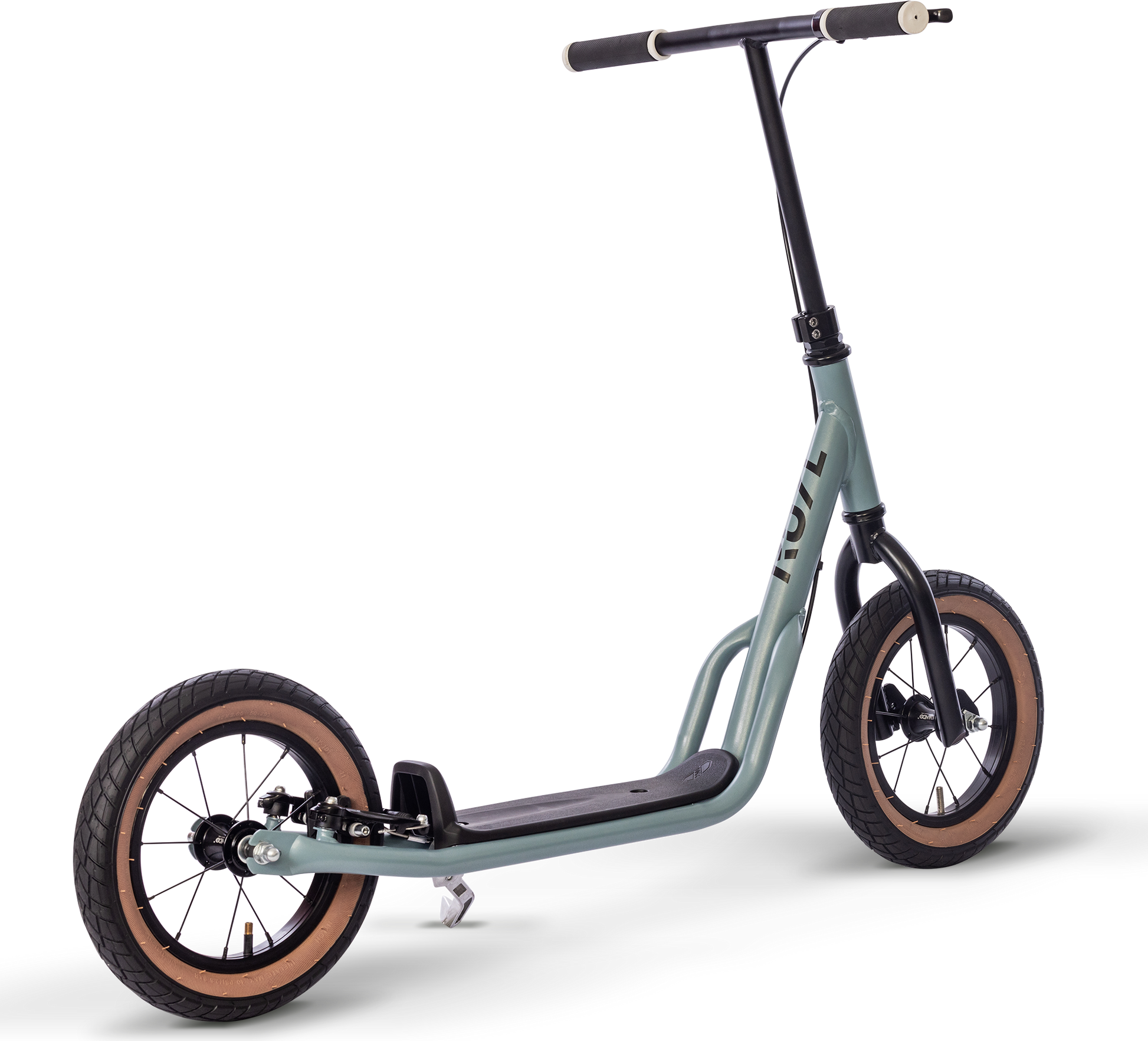 PUKY R 07 L är en ljusblå sparkcykel med svart styre, stora svarta hjul med bruna fälgar och lågt däck, som visas i vinkel mot en vit bakgrund.