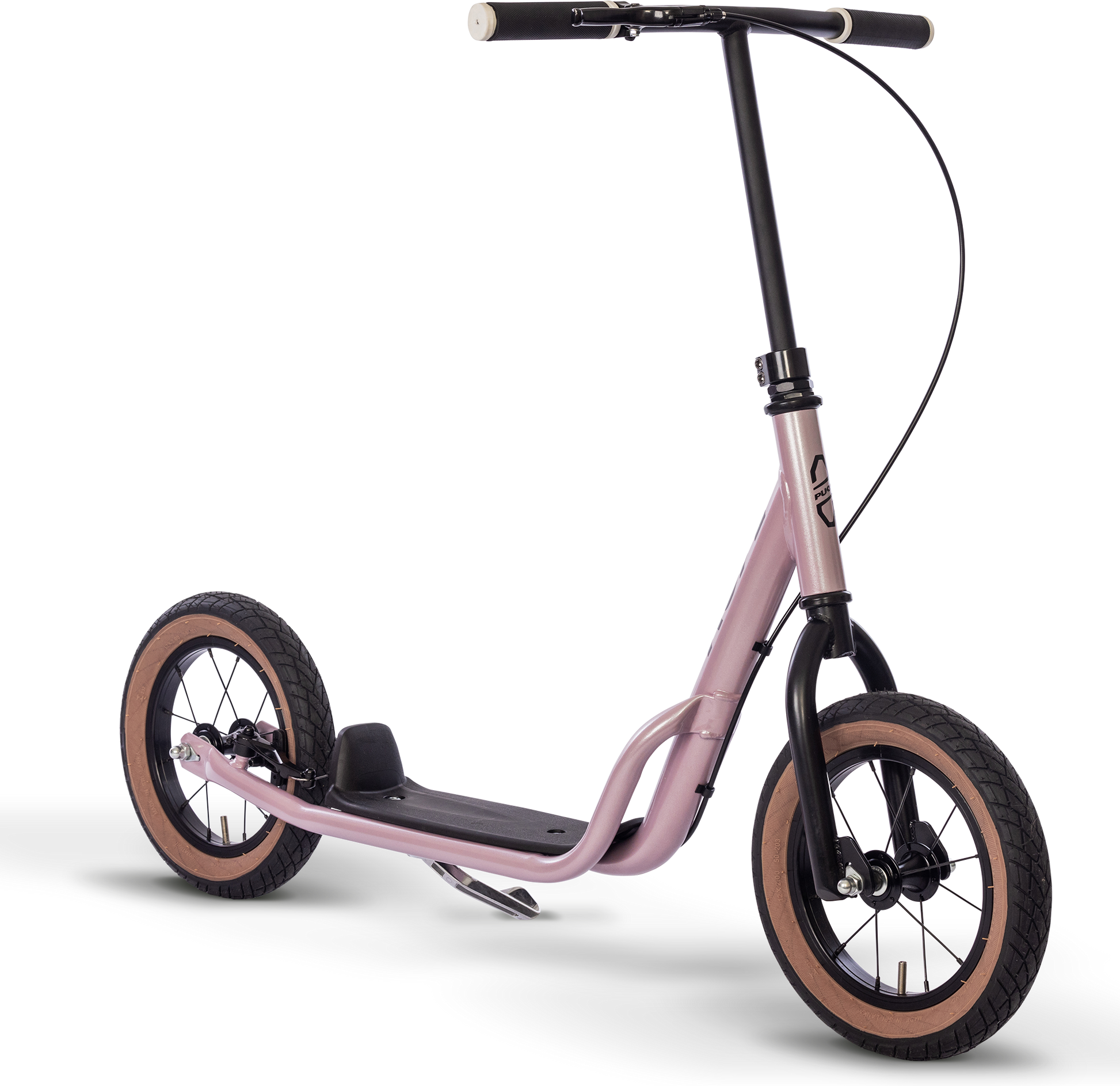 PUKY R 07 L är en rosa sparkcykel med svart styre, svart fotplatta och stora svarta däck med solbruna sidoväggar, mot en vit bakgrund.