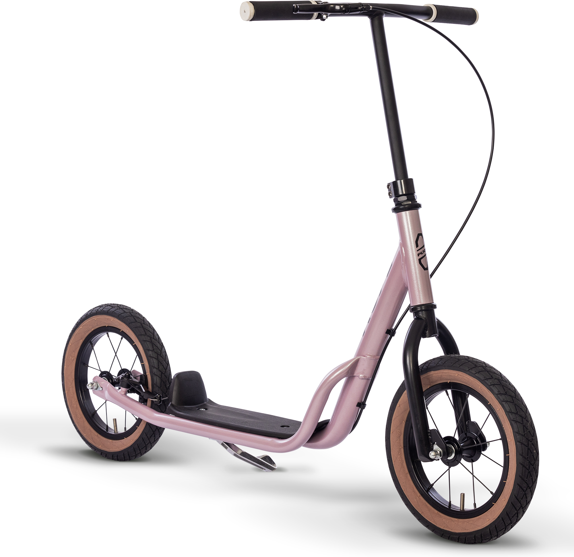PUKY R 07 L är en rosa sparkcykel med svart styre, svart fotplatta och stora svarta däck med solbruna sidoväggar, mot en vit bakgrund.