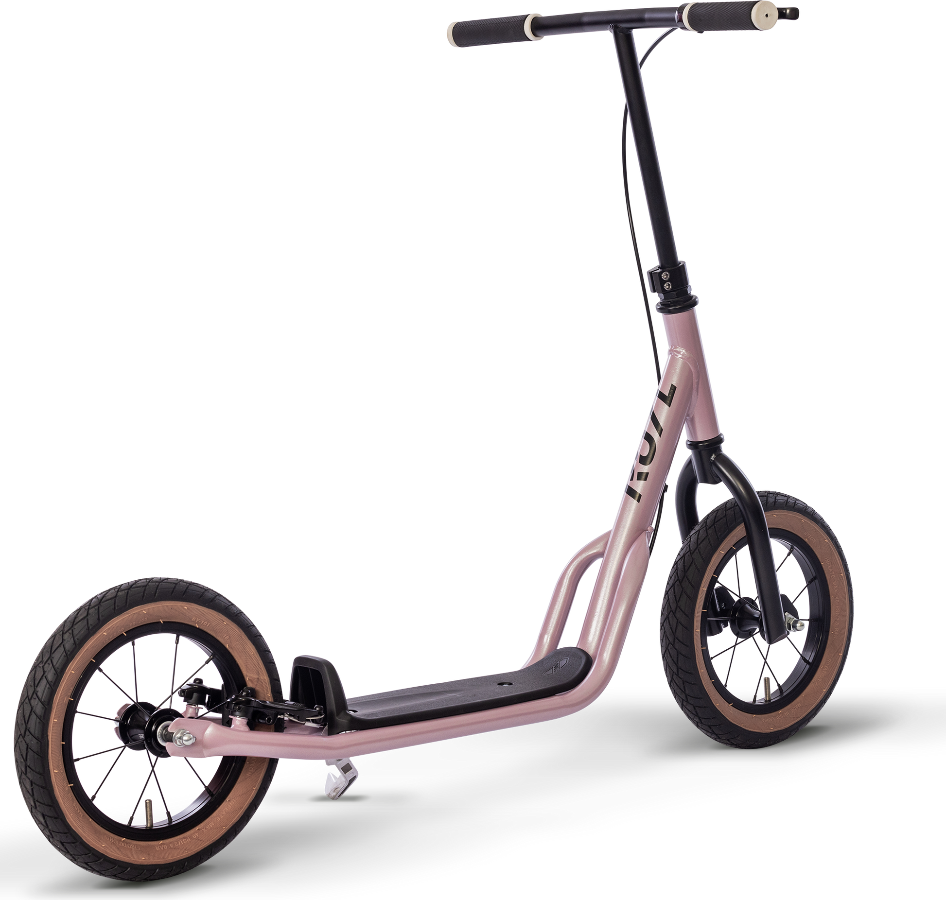 PUKY R 07 L är en rosa och svart sparkcykel med stora däck, bred fotplatta, svart styre och solbruna fälgar, mot en vit bakgrund.