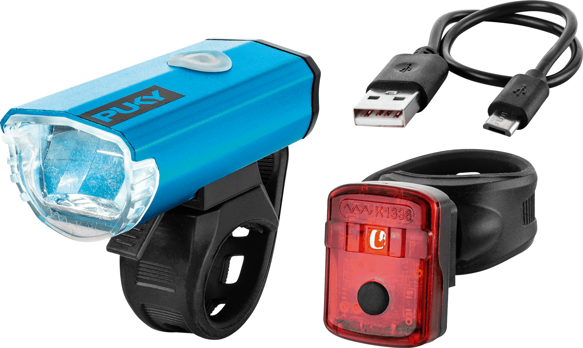 PUKY LUMI-setet innehåller en blå och svart framlampa, en röd baklampa, en svart monteringsrem och en USB-laddningskabel med mikro-USB-kontakt, allt på en vit bakgrund.