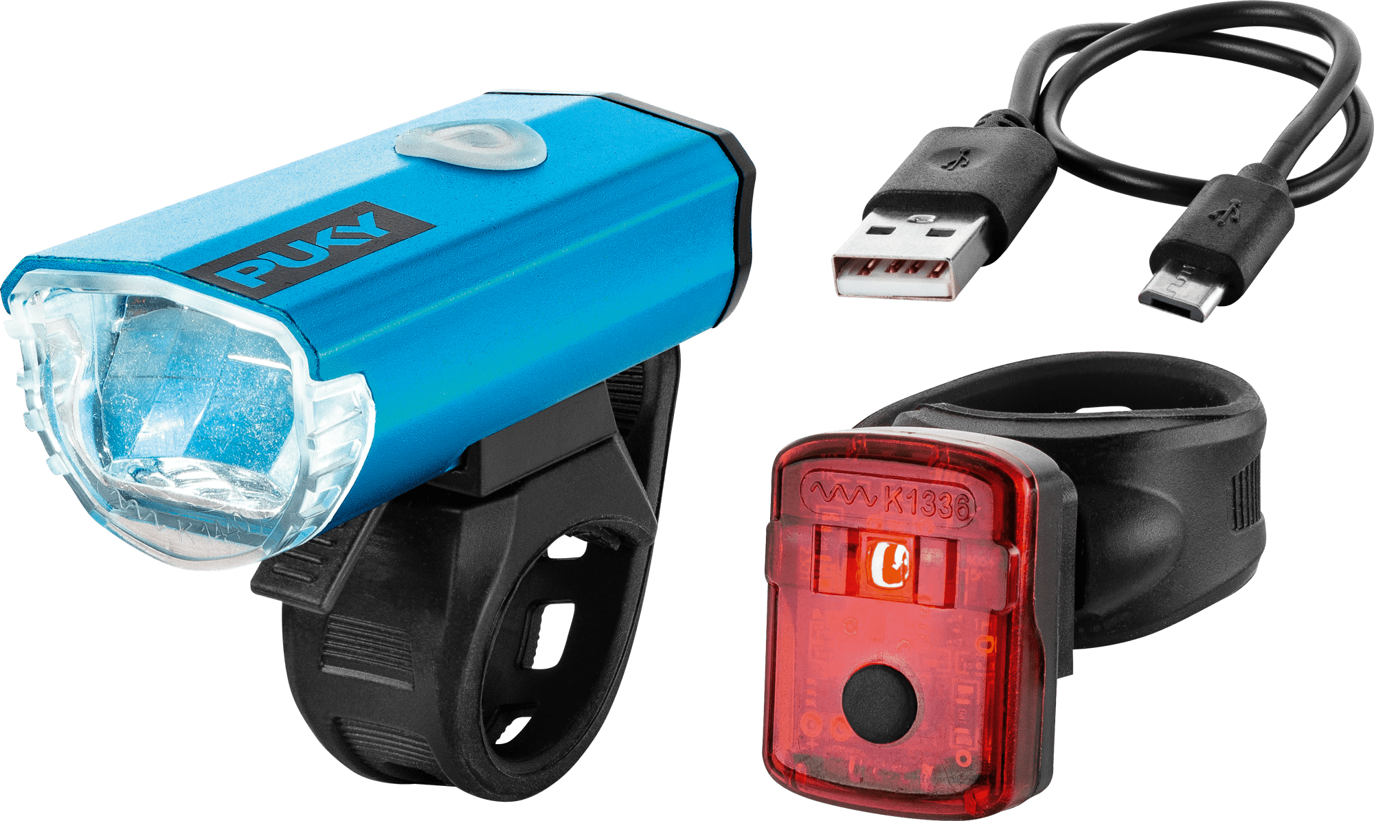 PUKY LUMI-setet innehåller en blå och svart framlampa, en röd baklampa, en svart monteringsrem och en USB-laddningskabel med mikro-USB-kontakt, allt på en vit bakgrund.