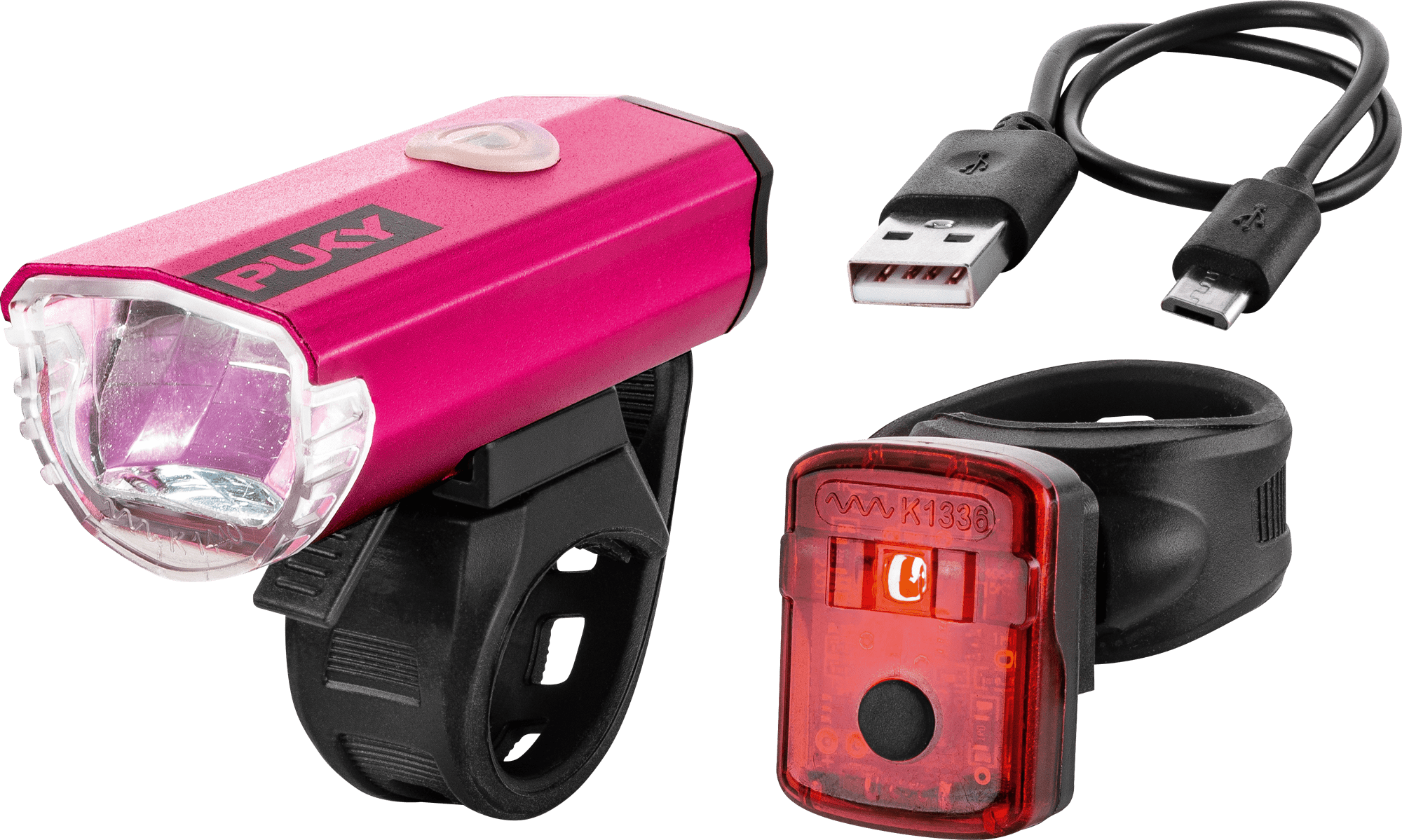 PUKY LUMI-setet består av en rosa LED-lampa framtill, en röd baklampa, en svart USB-kabel och två svarta monteringsremmar, allt på en vit bakgrund.