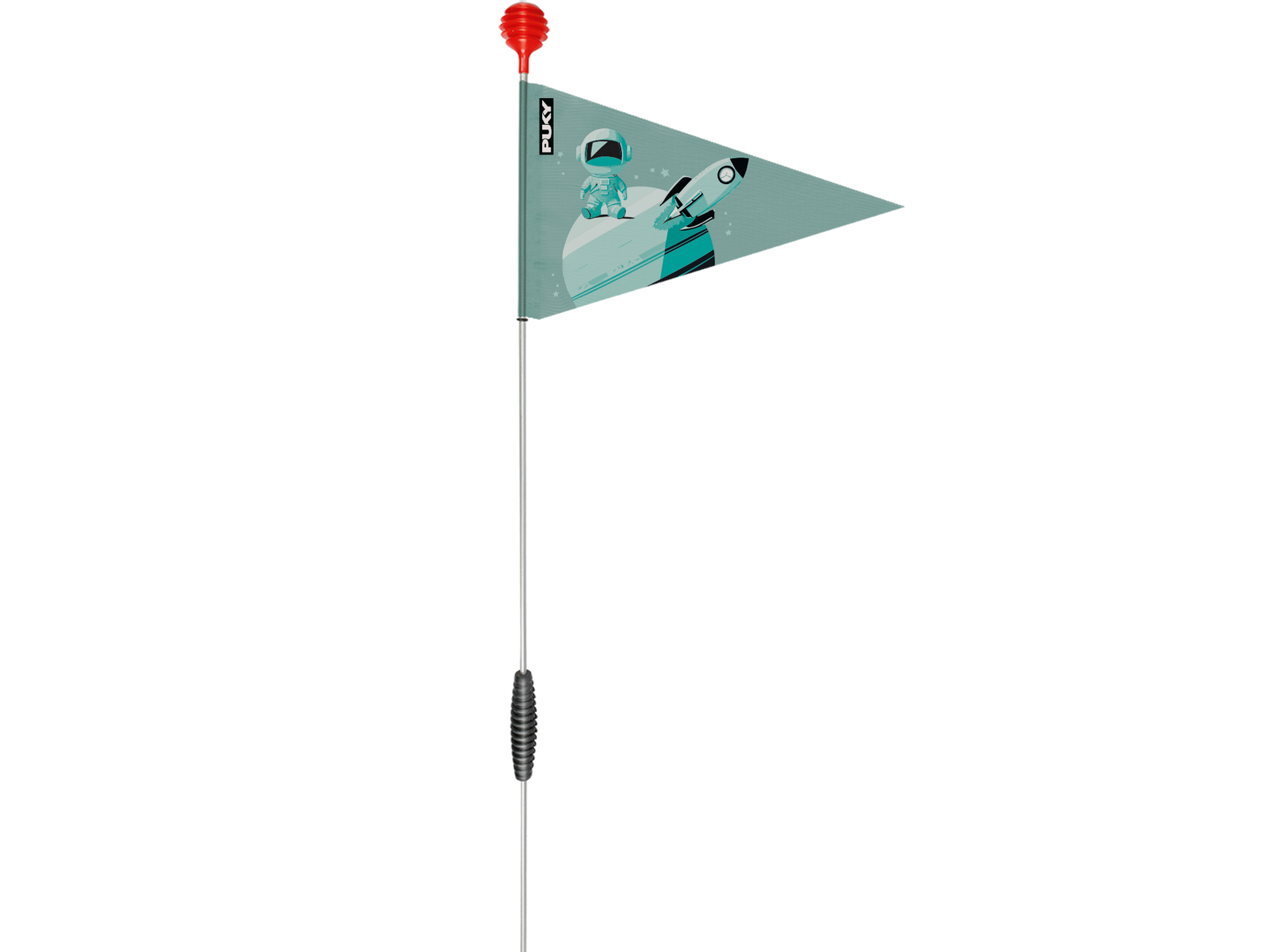 PUKY SAFETY FLAG är en triangulär cykelflagga med röd topp och en blågrön design med en astronaut på en raket, fäst på en flexibel stång med ett svart grepp nära basen.