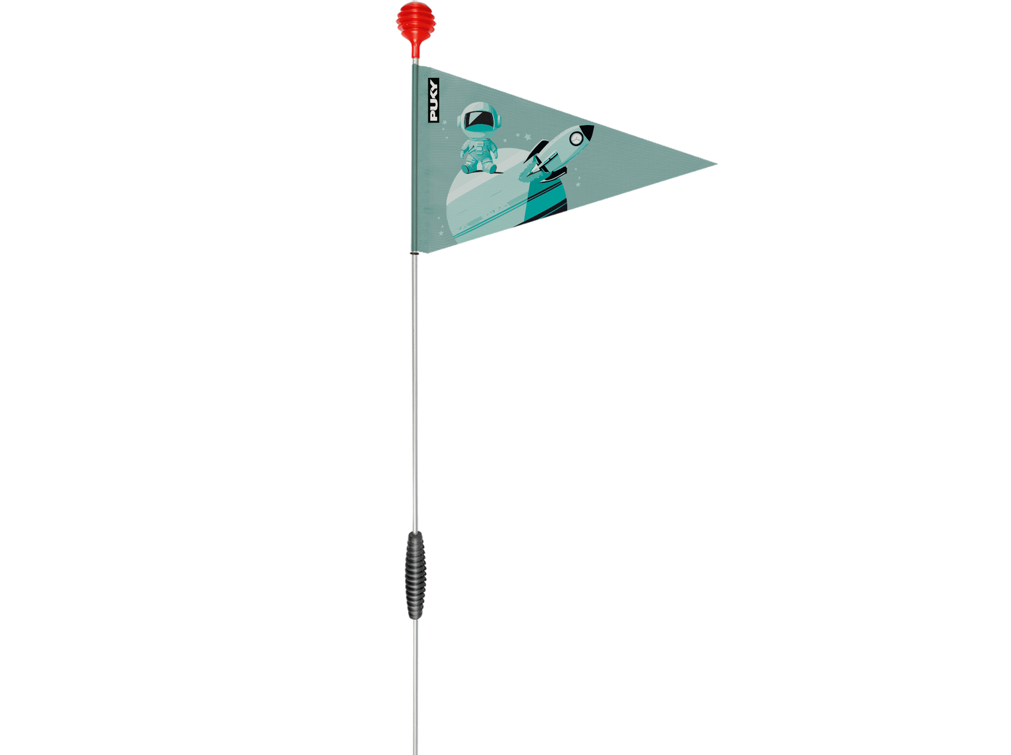 PUKY SAFETY FLAG är en triangulär cykelflagga med röd topp och en blågrön design med en astronaut på en raket, fäst på en flexibel stång med ett svart grepp nära basen.