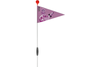 PUKY SAFETY FLAG har en hög stolpe med röd topp och svart grepphandtag samt en lila vimpel med en astronaut, en raket och en måne.