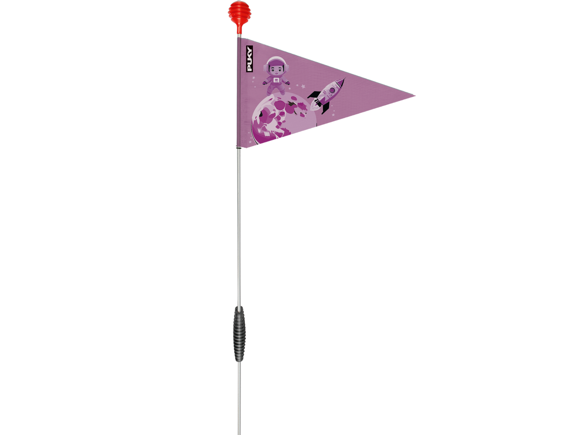 PUKY SAFETY FLAG har en hög stolpe med röd topp och svart grepphandtag samt en lila vimpel med en astronaut, en raket och en måne.