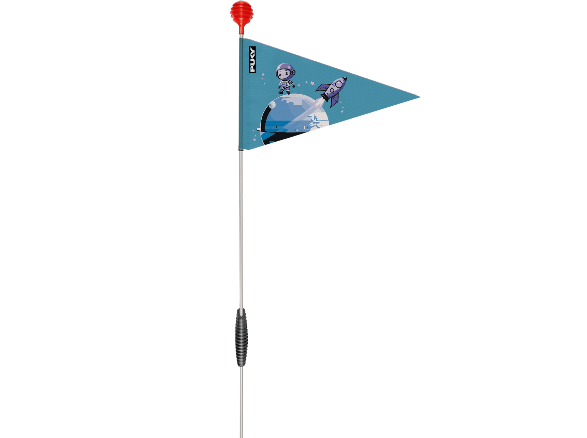 PUKY SAFETY FLAGG är en hög flagga med röd vimpel och blå trekantig vimpel med en tecknad astronaut och en rymdraket på en planet, fäst vid en flexibel stång med svart grepp.