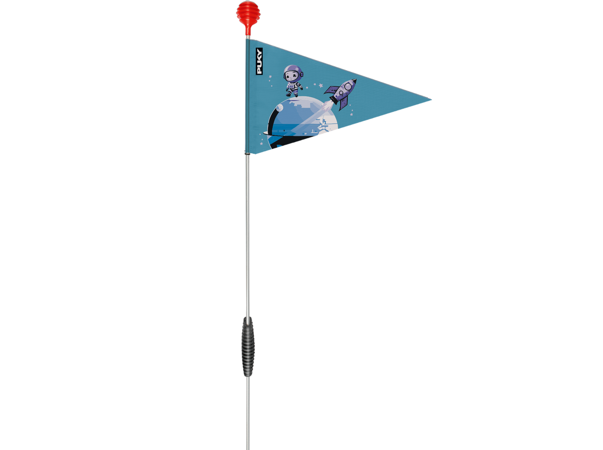 PUKY SAFETY FLAGG är en hög flagga med röd vimpel och blå trekantig vimpel med en tecknad astronaut och en rymdraket på en planet, fäst vid en flexibel stång med svart grepp.