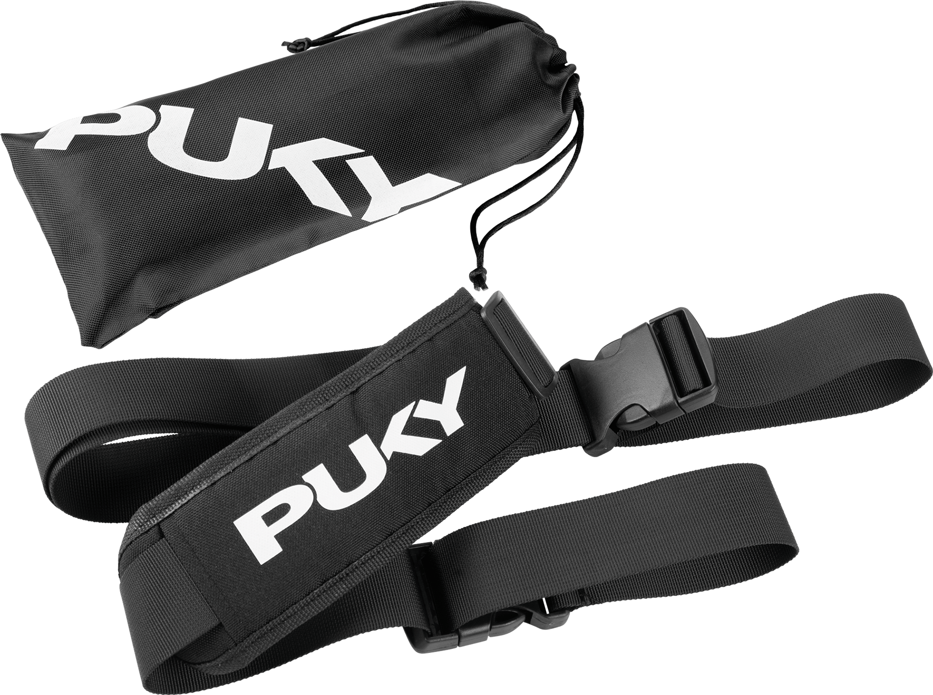 PUKY Tragegurt BUDDY är en svart justerbar bärrem med en vadderad del och vitt "PUKY"-märke, som visas bredvid en matchande svart förvaringsväska med dragsko, även den med "PUKY"-logotypen.