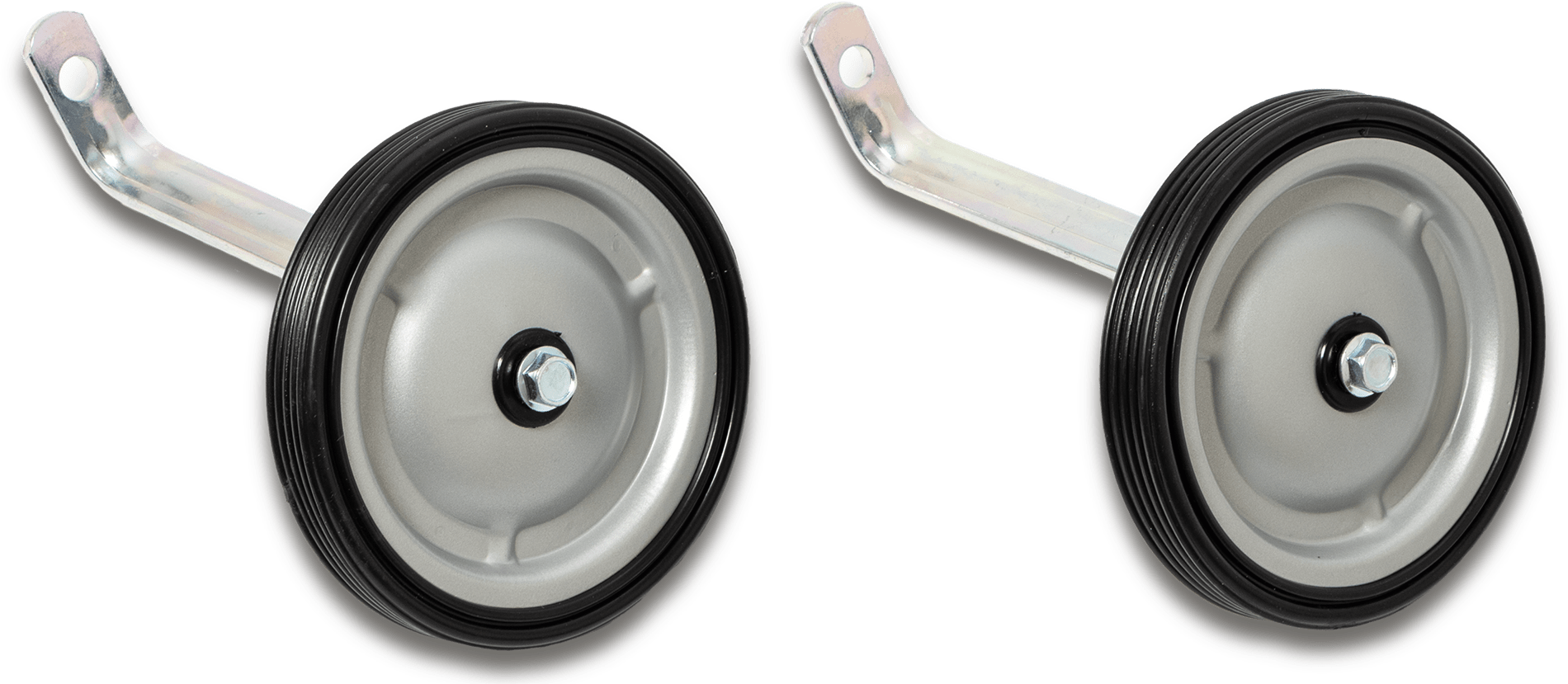 Ett par ROOKIE WHEELS från PUKY, tillverkade i metall och plast med svarta gummikanter och metallfästen, sida vid sida mot en vit bakgrund.