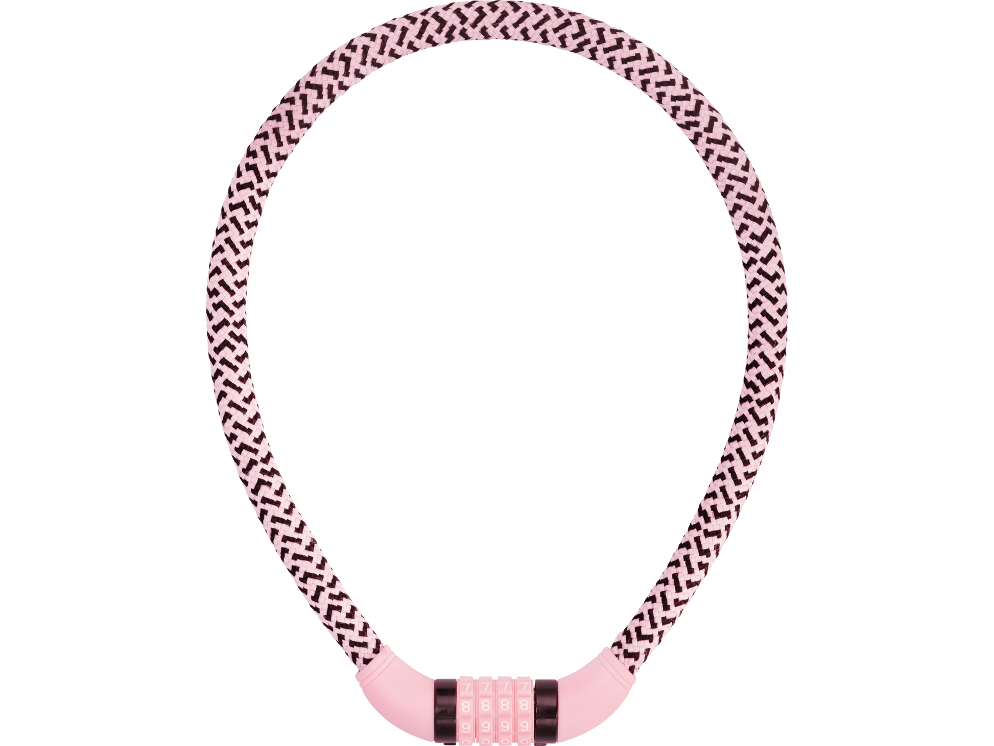 PUKY LOCKSTAR är ett rosa och svart flätat cykellås med en kombinationsmekanism på undersidan.