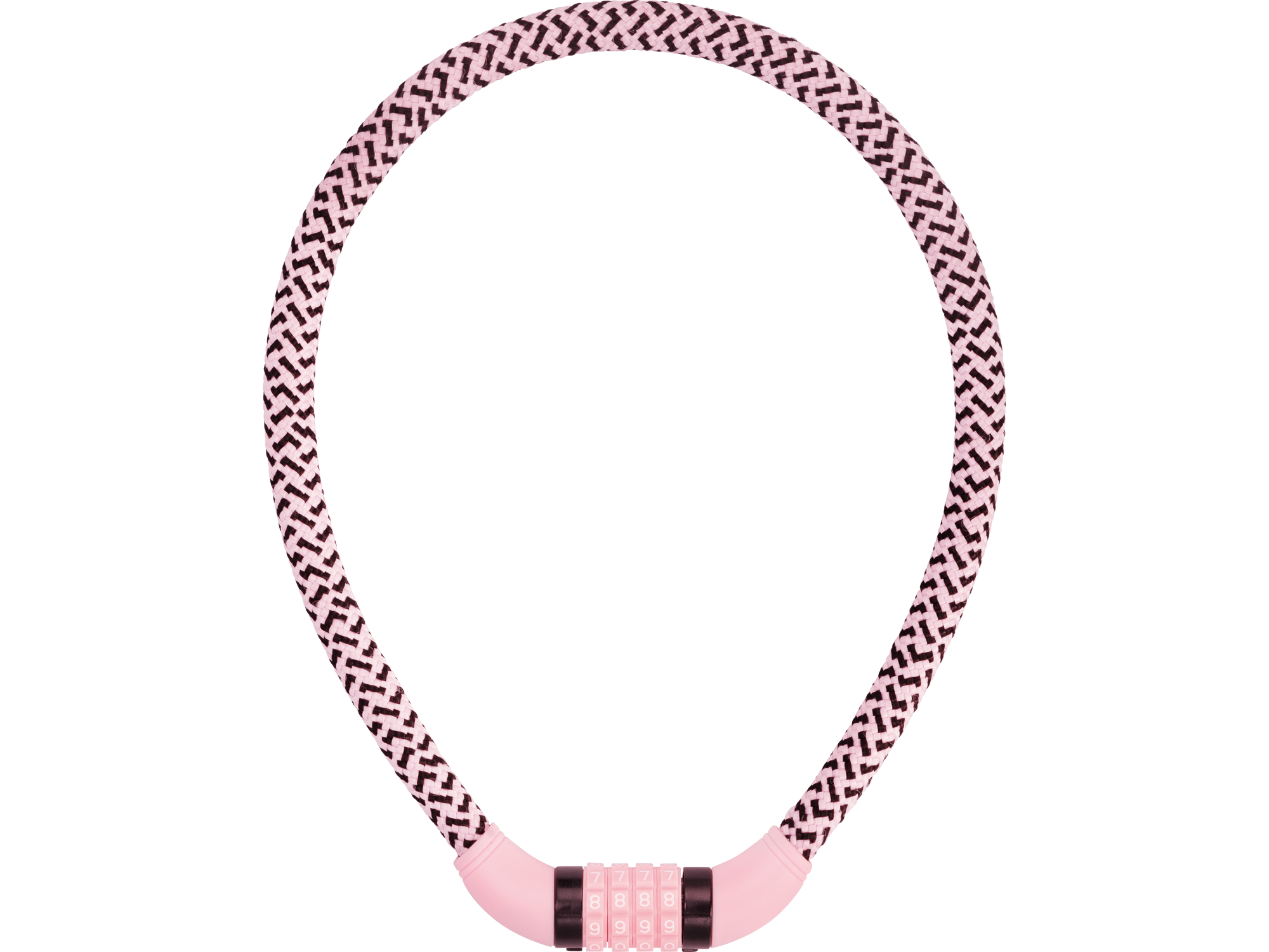 PUKY LOCKSTAR är ett rosa och svart flätat cykellås med en kombinationsmekanism på undersidan.