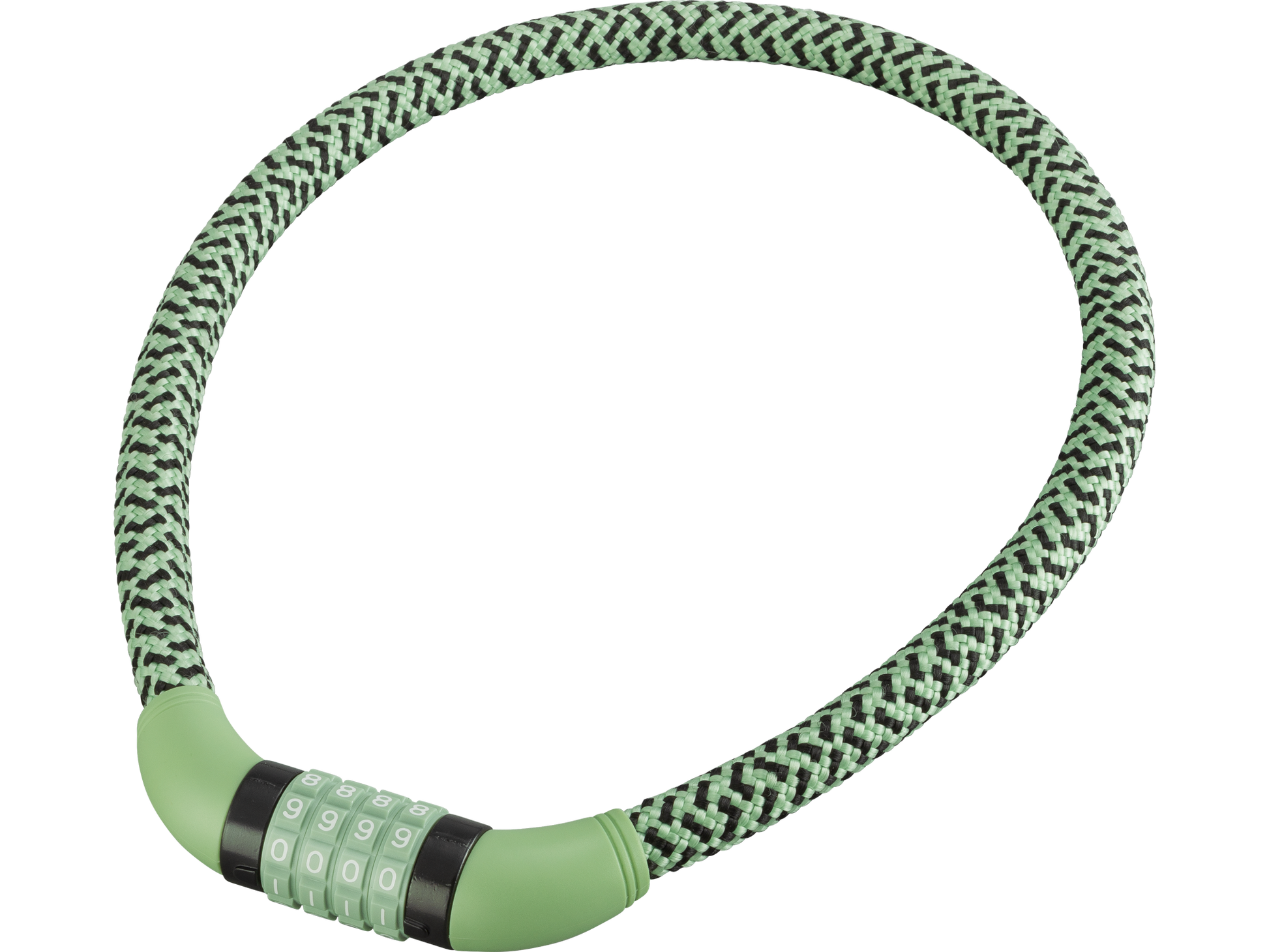 PUKY LOCKSTAR är ett grönt och svart flätat kombinationscykellås med en böjd, flexibel kabel och fyrsiffrig nummerskiva för säker låsning och upplåsning.