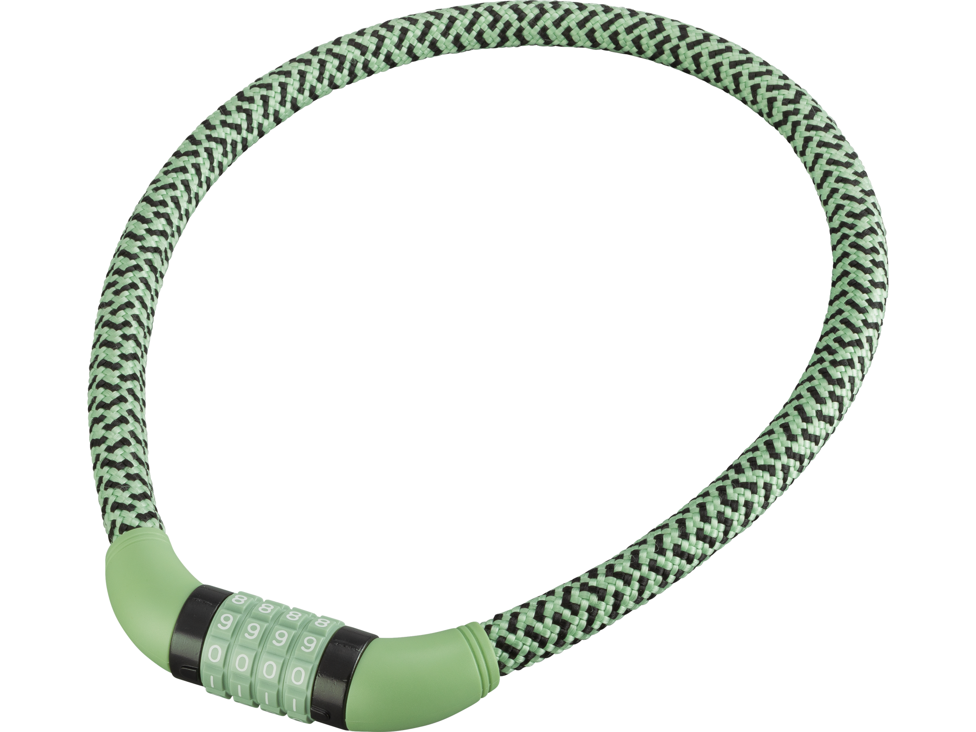 PUKY LOCKSTAR är ett grönt och svart flätat kombinationscykellås med en böjd, flexibel kabel och fyrsiffrig nummerskiva för säker låsning och upplåsning.