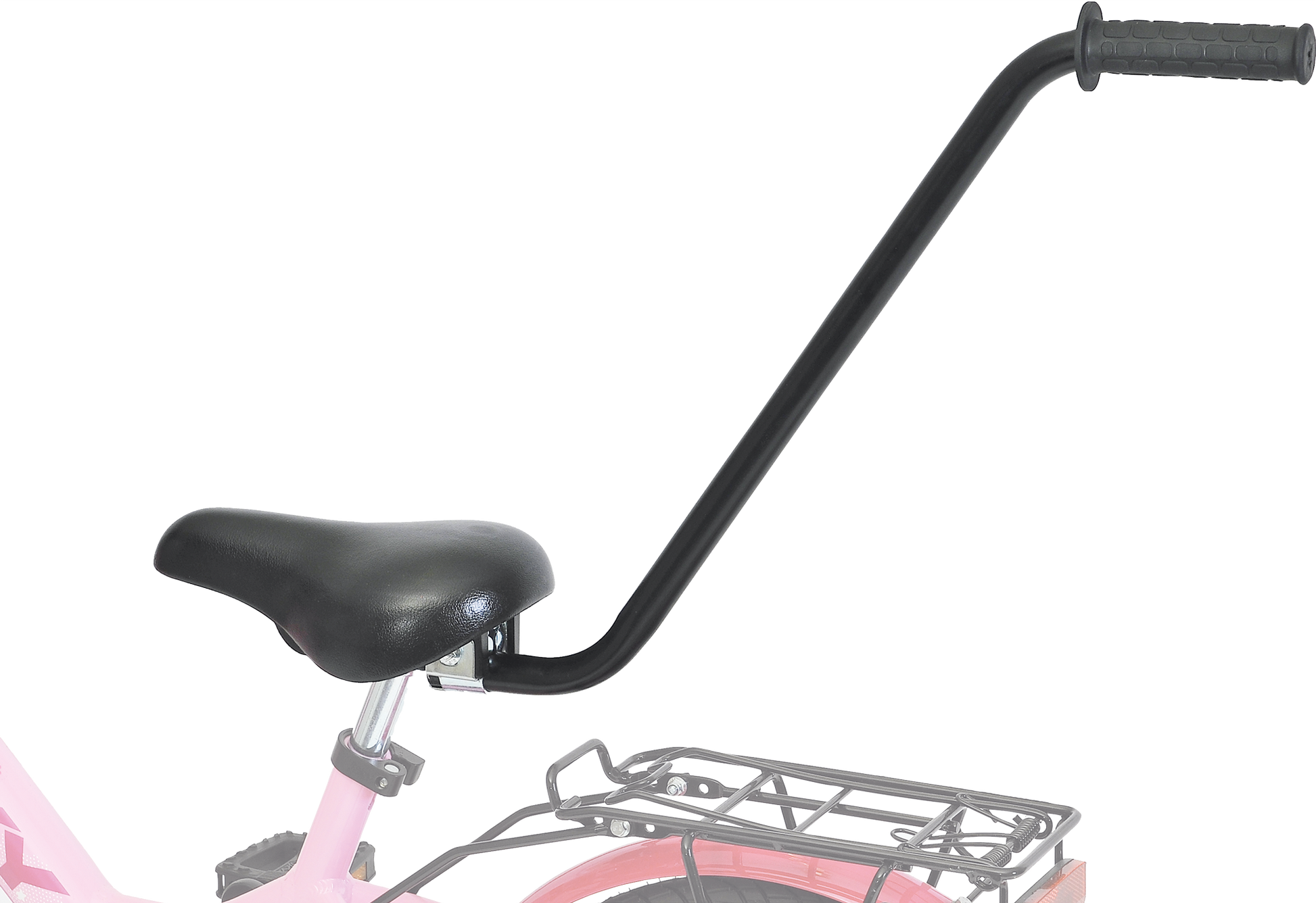 En närbild av PUKY Fahrradlernhilfe visar en svart cykelsits med ett bakmonterat svart styre för vuxna att styra eller skjuta på, och en del av den rosa ramen syns.