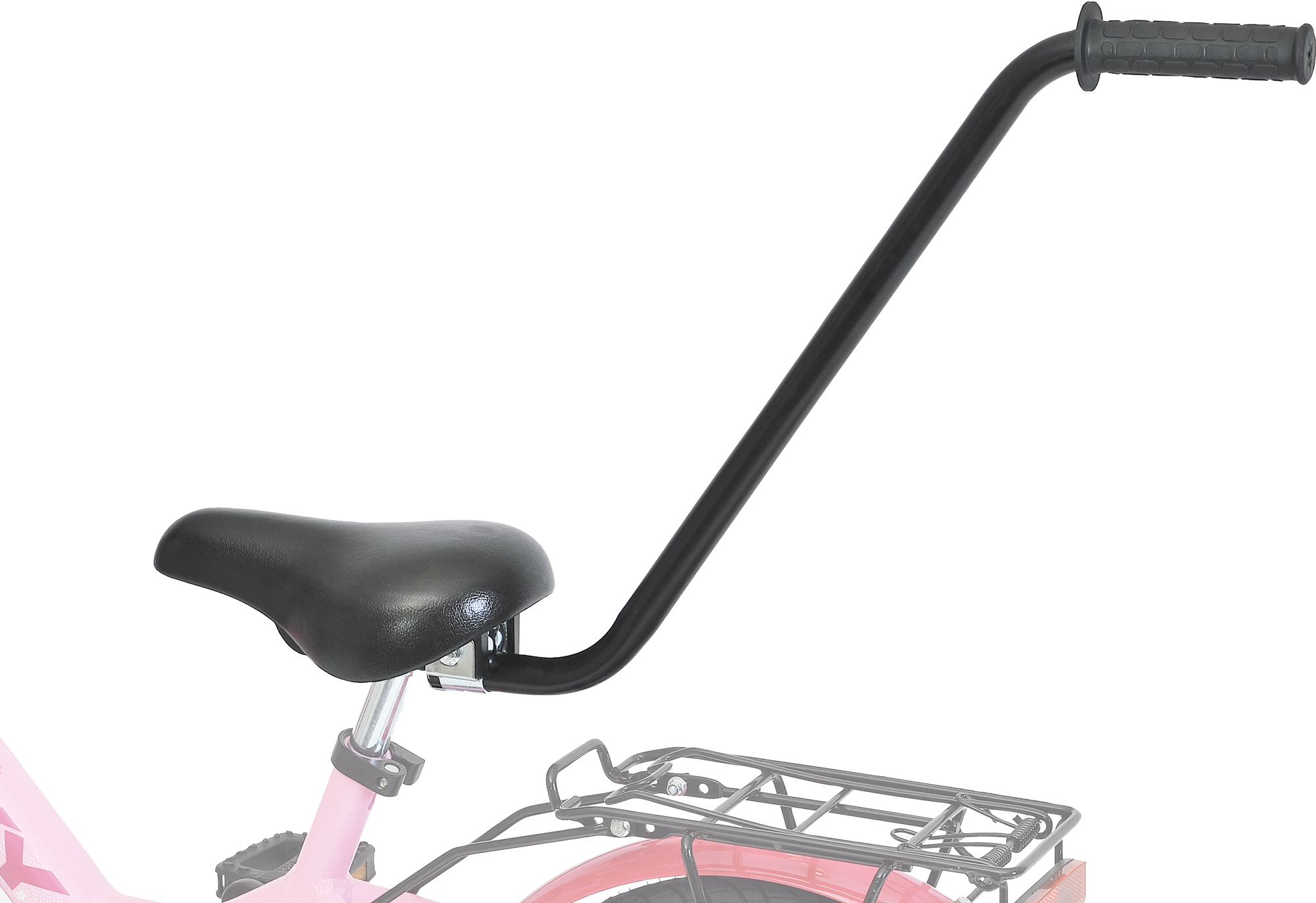 En närbild av PUKY Fahrradlernhilfe visar en svart cykelsits med ett bakmonterat svart styre för vuxna att styra eller skjuta på, och en del av den rosa ramen syns.