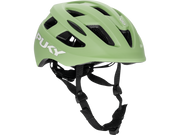 PUKY HELMET M är en ljusgrön cykelhjälm med svarta justerbara remmar, ventilationshål och varumärket "PUKY" i vitt på sidan.
