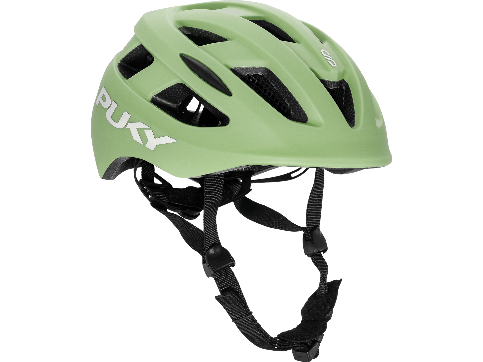 PUKY HELMET M är en ljusgrön cykelhjälm med svarta justerbara remmar, ventilationshål och varumärket "PUKY" i vitt på sidan.
