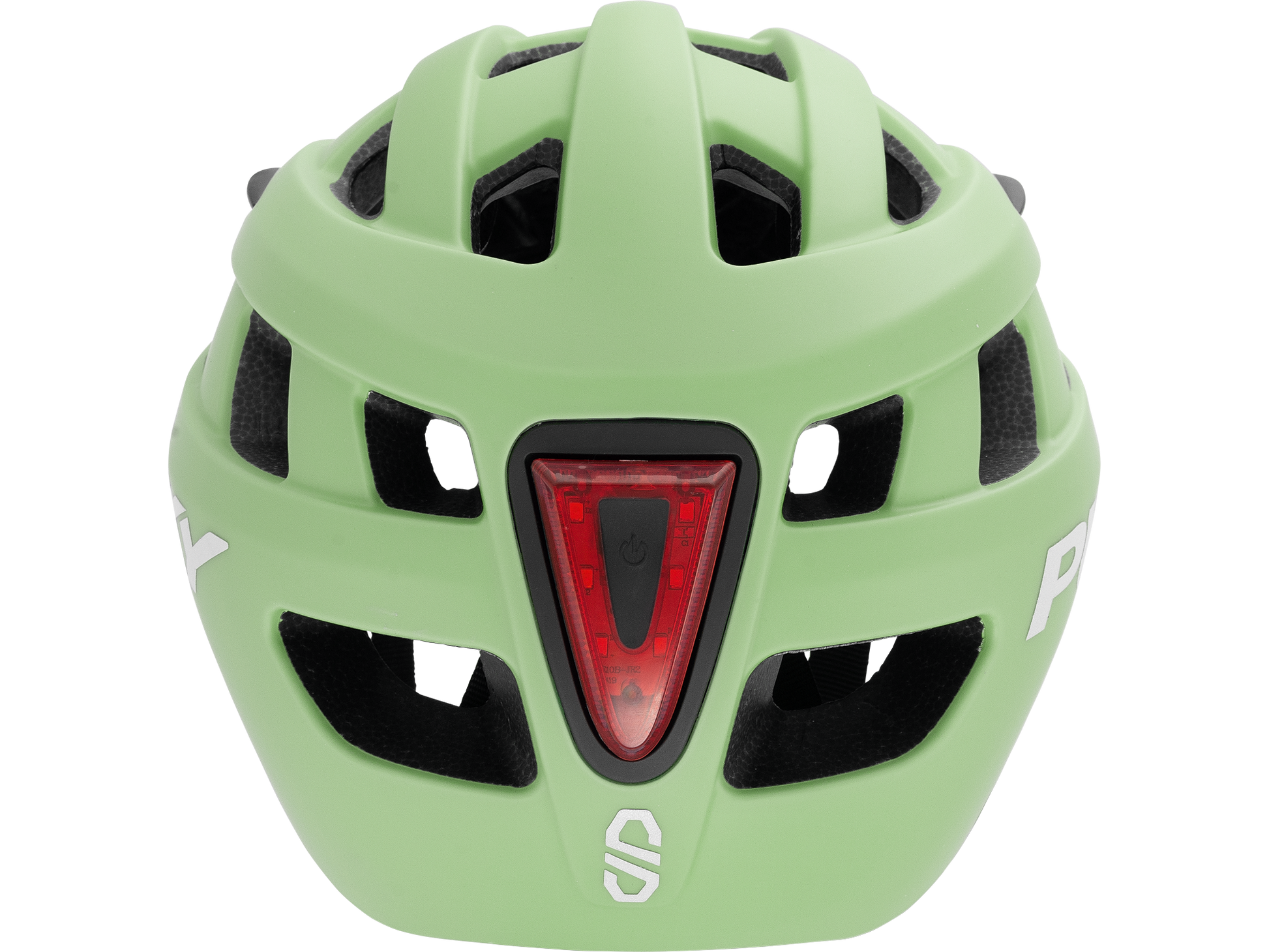PUKY HELMET M från PUKY är en ljusgrön cykelhjälm med flera luftventiler, ett rött triangulärt bakljus i mitten samt vita logotyper och text på sidorna och baktill.