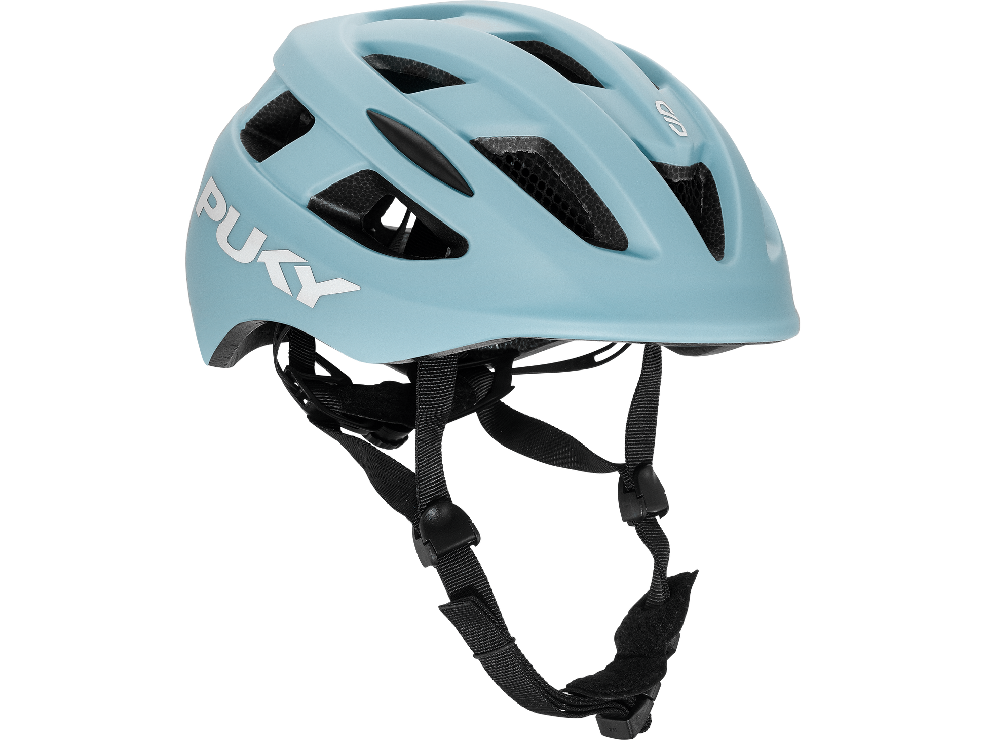PUKY HELMET S från PUKY är en ljusblå cykelhjälm med svarta remmar och flera ventilationshål. "PUKY" är tryckt i vitt på sidan och hjälmen visas mot en slät, ljus bakgrund.