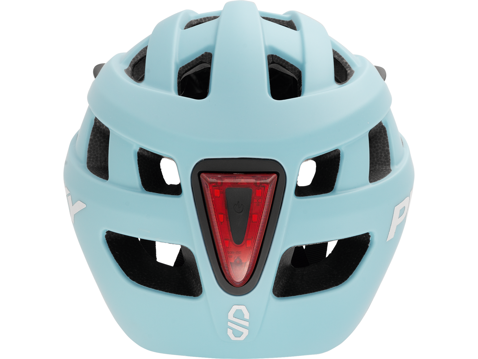 PUKY HELMET M från PUKY är en ljusblå cykelhjälm med flera luftventiler, vita logotyper på båda sidorna och undersidan samt en triangulär röd bakre säkerhetslampa mitt på ryggen.